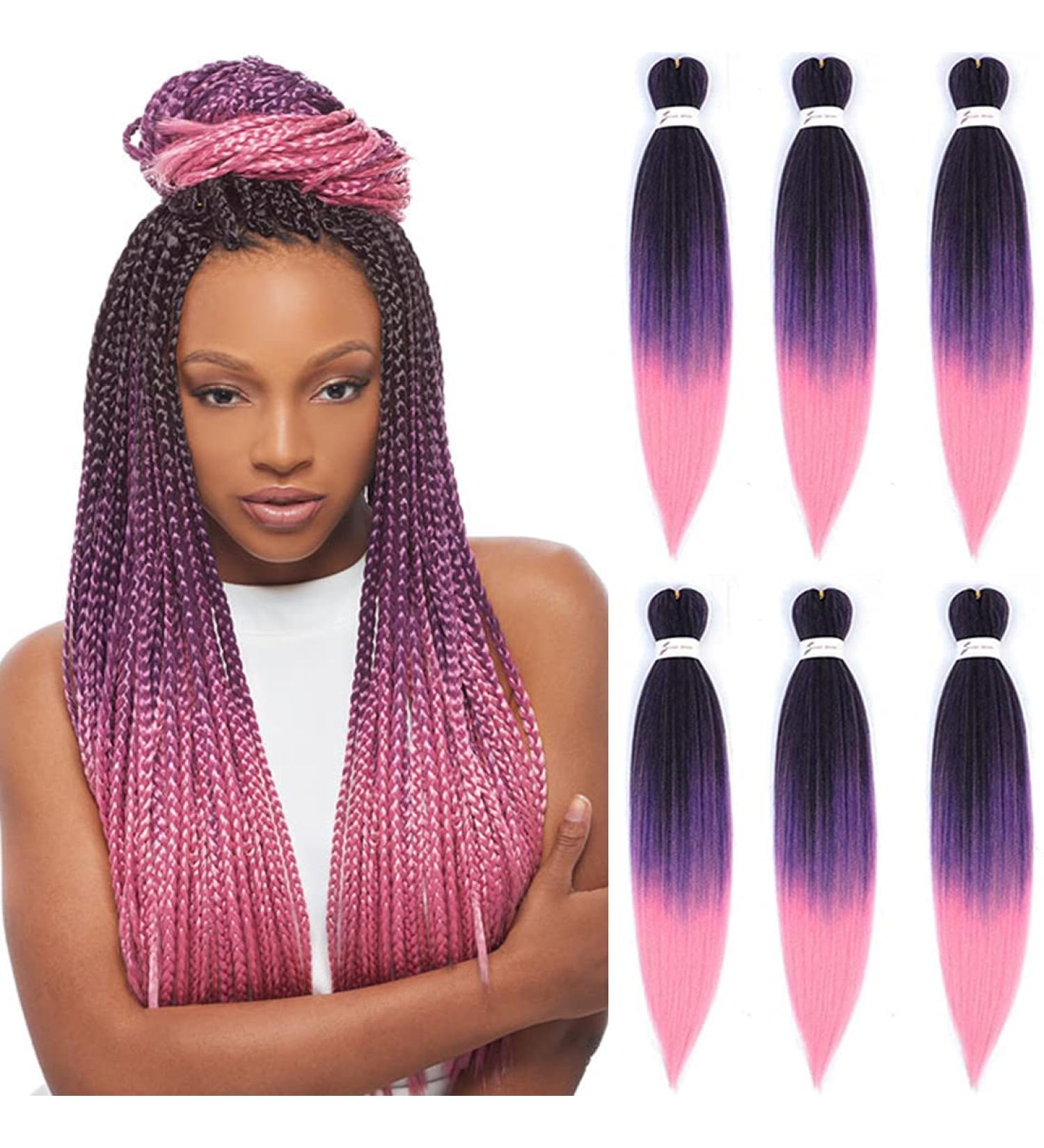 Pre-stretched Braiding Hair 26" Easy Braid 6 Packs Professional Kanekalon Synthetic Fiber Crochet EZ Braids Yaki Texture Braiding Hair Extensions (1B/Purple/Pink) 26 Inch (Pack of 6) T1B/Purple/Pink - Buy Online on GoSupps.com