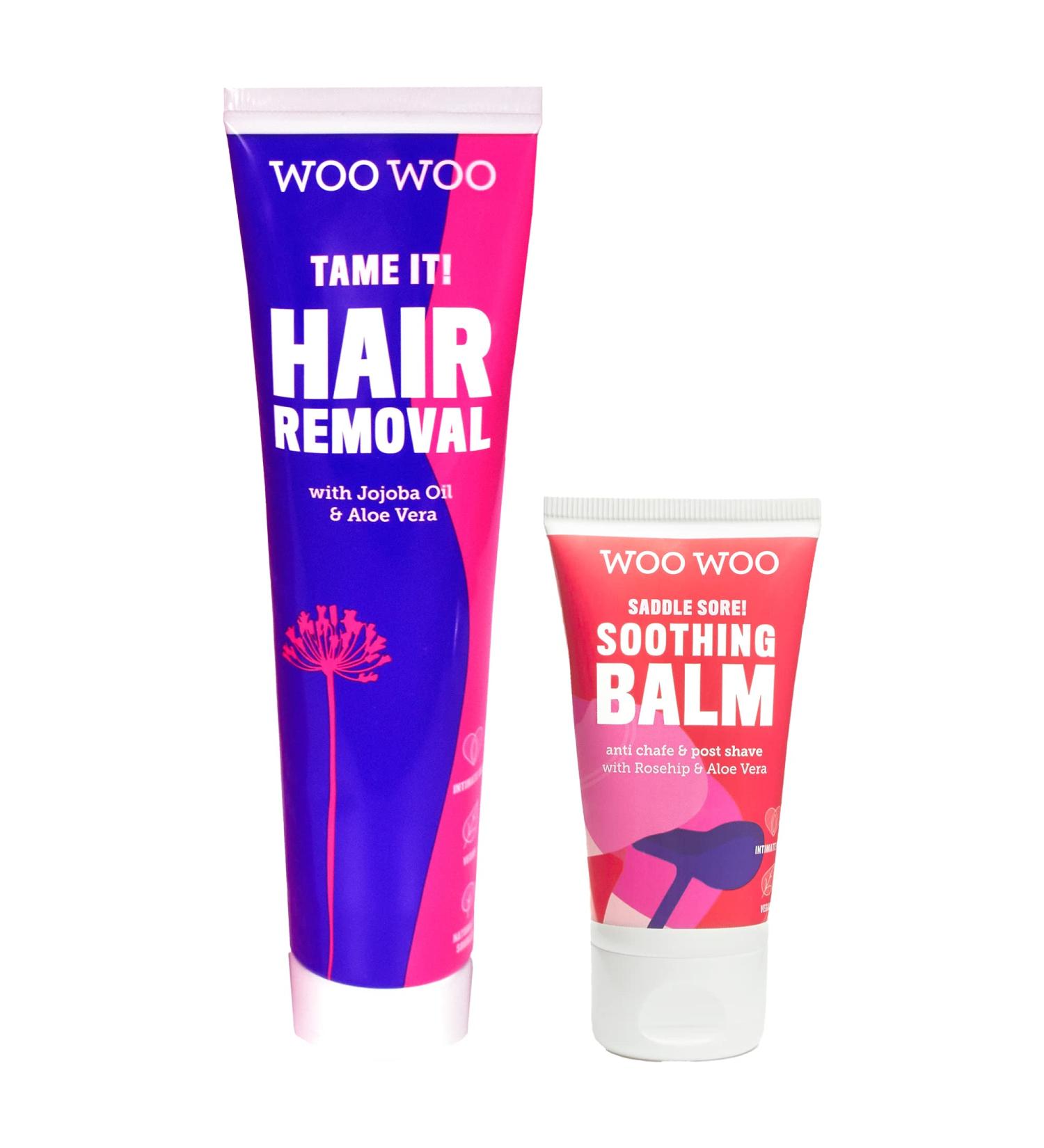 WooWoo Best Sellers Multibuy - Hair Removal Cream & Moisturizing Balm Set with Jojoba, Aloe Vera, Chamomile, and Rosehip Oil - Buy Online on GoSupps.com