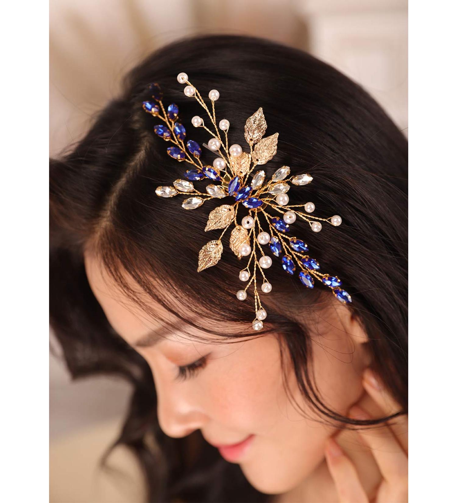 Kercisbeauty Gold Leaf Hair Comb with Blue Crystal Wedding Bridal Hair Piece Pearl Handmade Jewelry for Special Occasion - Buy Online on GoSupps.com