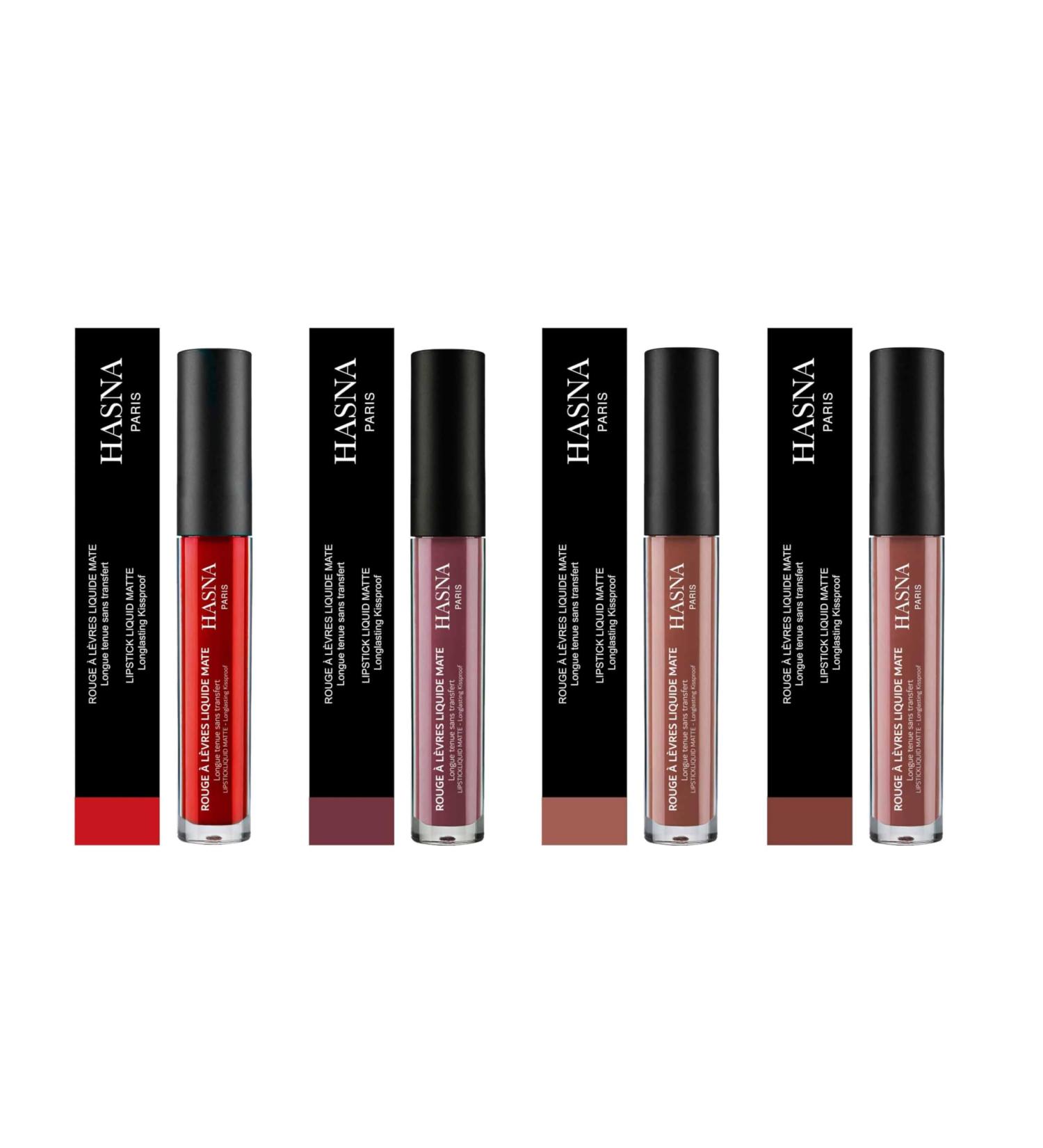 HASNA PARIS - Liquid Lipstick Collection - Intense Color & Matte Finish - Long Lasting - No Transfer - Matte Resistance - Halal & Vegan - 4 Shades 4x6ml - Buy Online on GoSupps.com