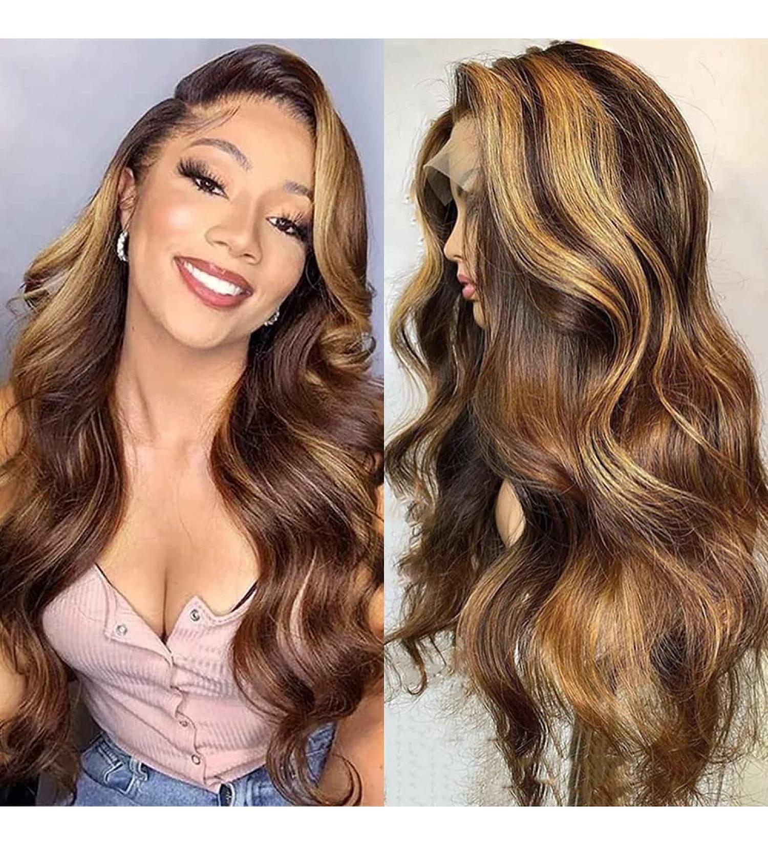 4/27 Highlight Body Wave Lace Front Wig 20 Inch Ombre Human Hair T Part Middle Parting Wig for Black Women - Buy Online on GoSupps.com
