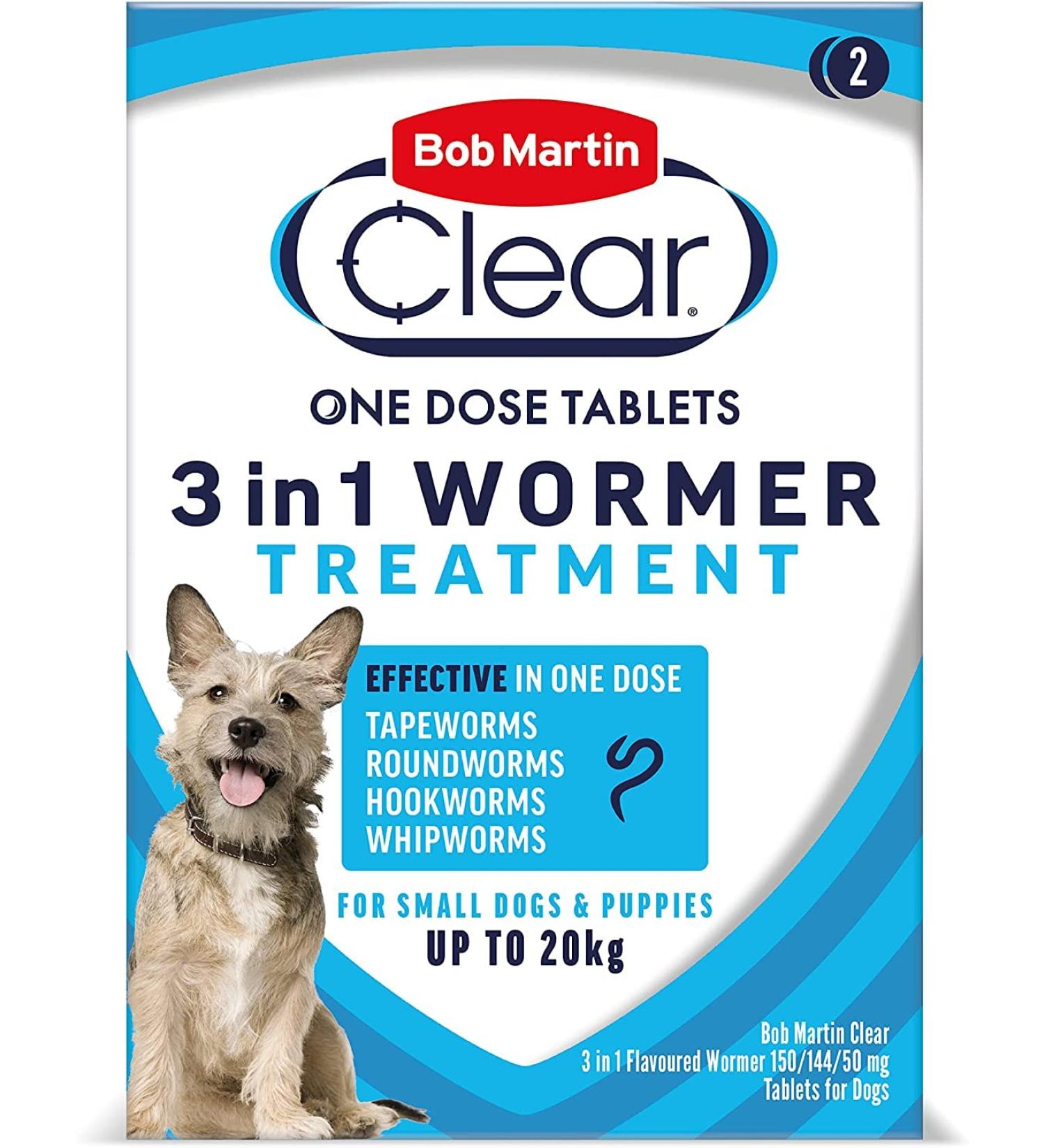 Bob Martin Clear 3-in-1 Wormer Tablets for Dogs Up To 20kg - 2 Tablets