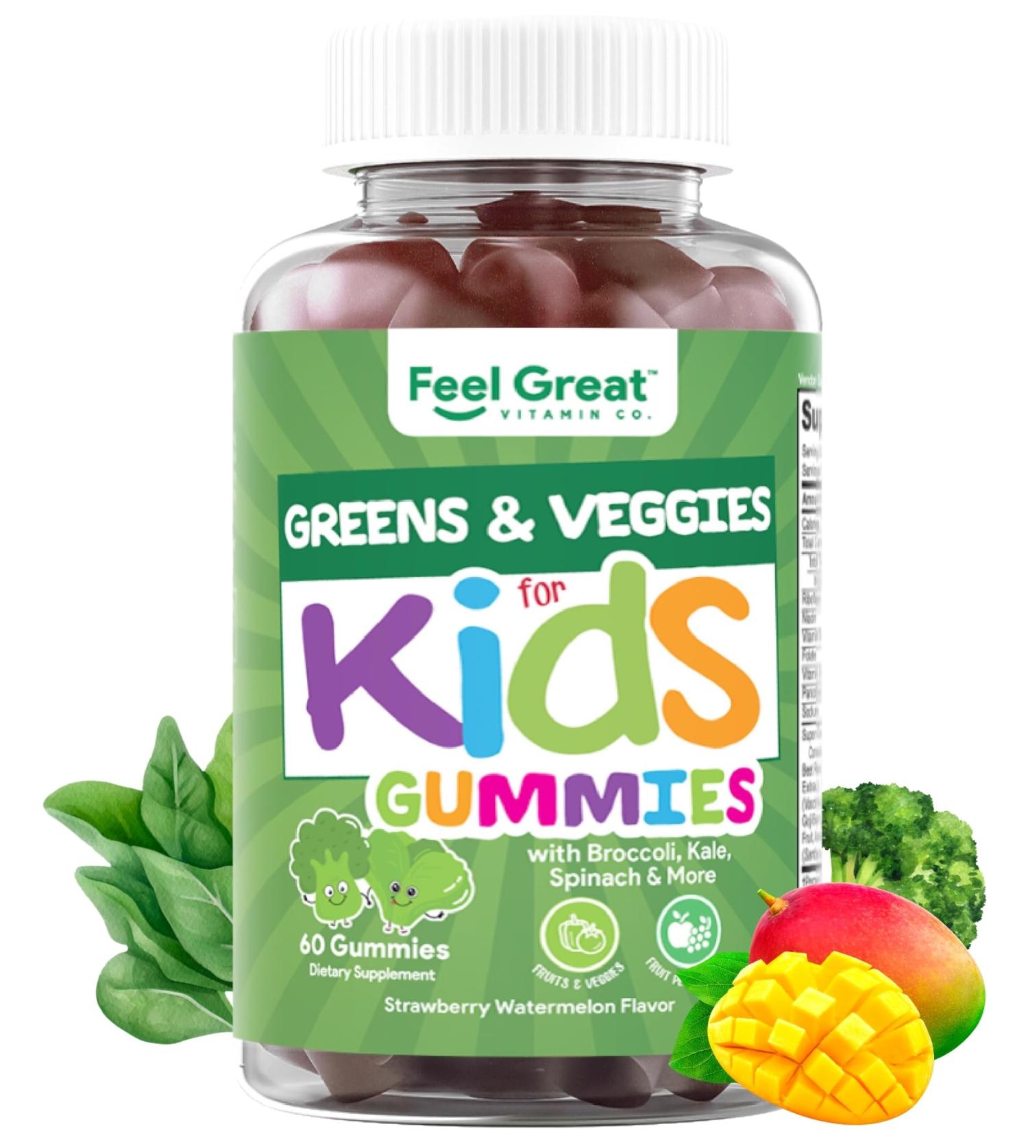 Feel Great Super Green Gummies for Kids | Fruit and Vegetable Gummies | Vegan Veggie Gummy Multivitamin for Kids | Veggie Fiber Supplement | 60 Count Kids Greens & Veggies - Buy Online on GoSupps.com