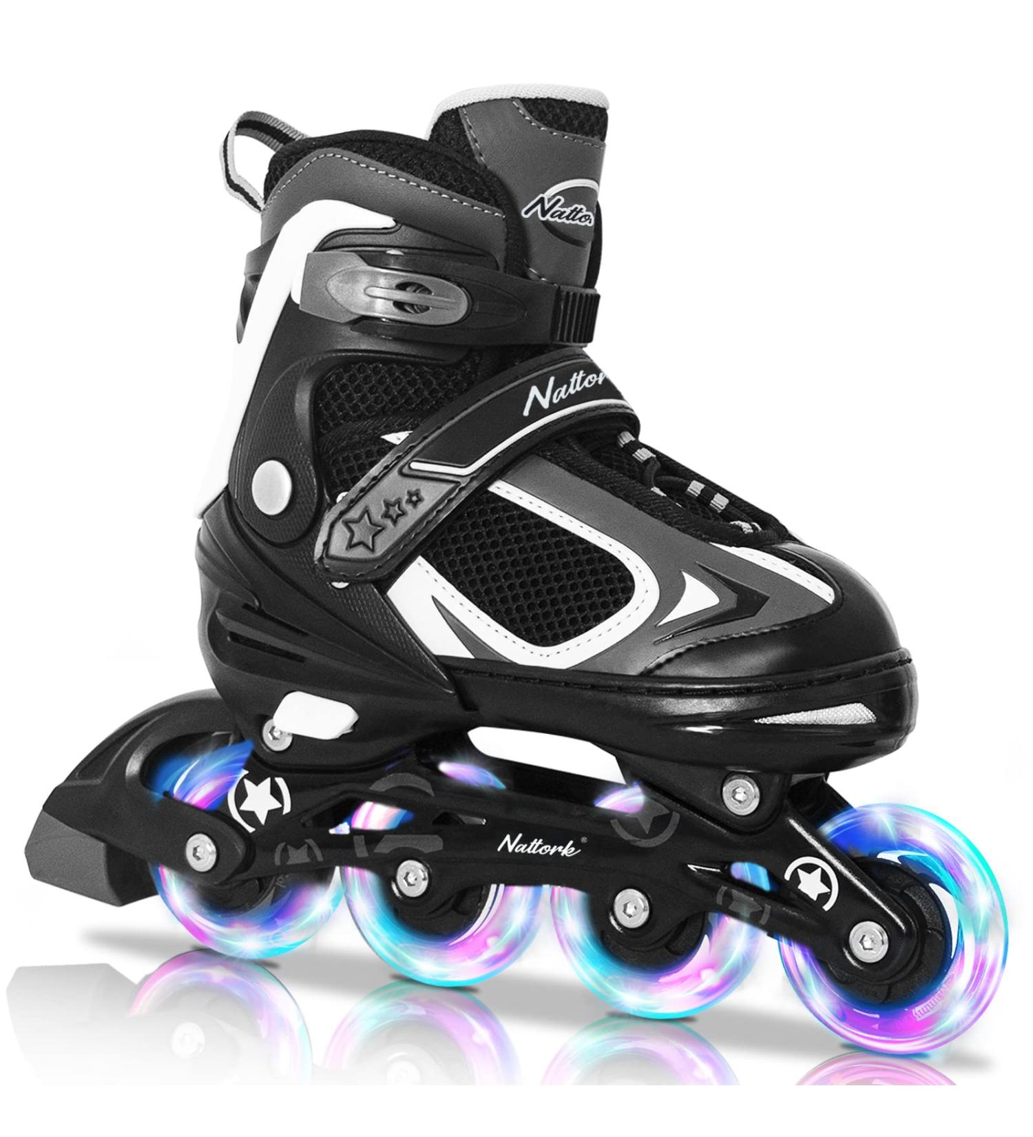 Nattork Adjustable Inline Skates with Light Up Wheels | Beginner Roller Skates for Kids | Indoor & Outdoor Illuminating Blades | Black Medium-Big Kid (1Y-3Y) - Buy Online on GoSupps.com