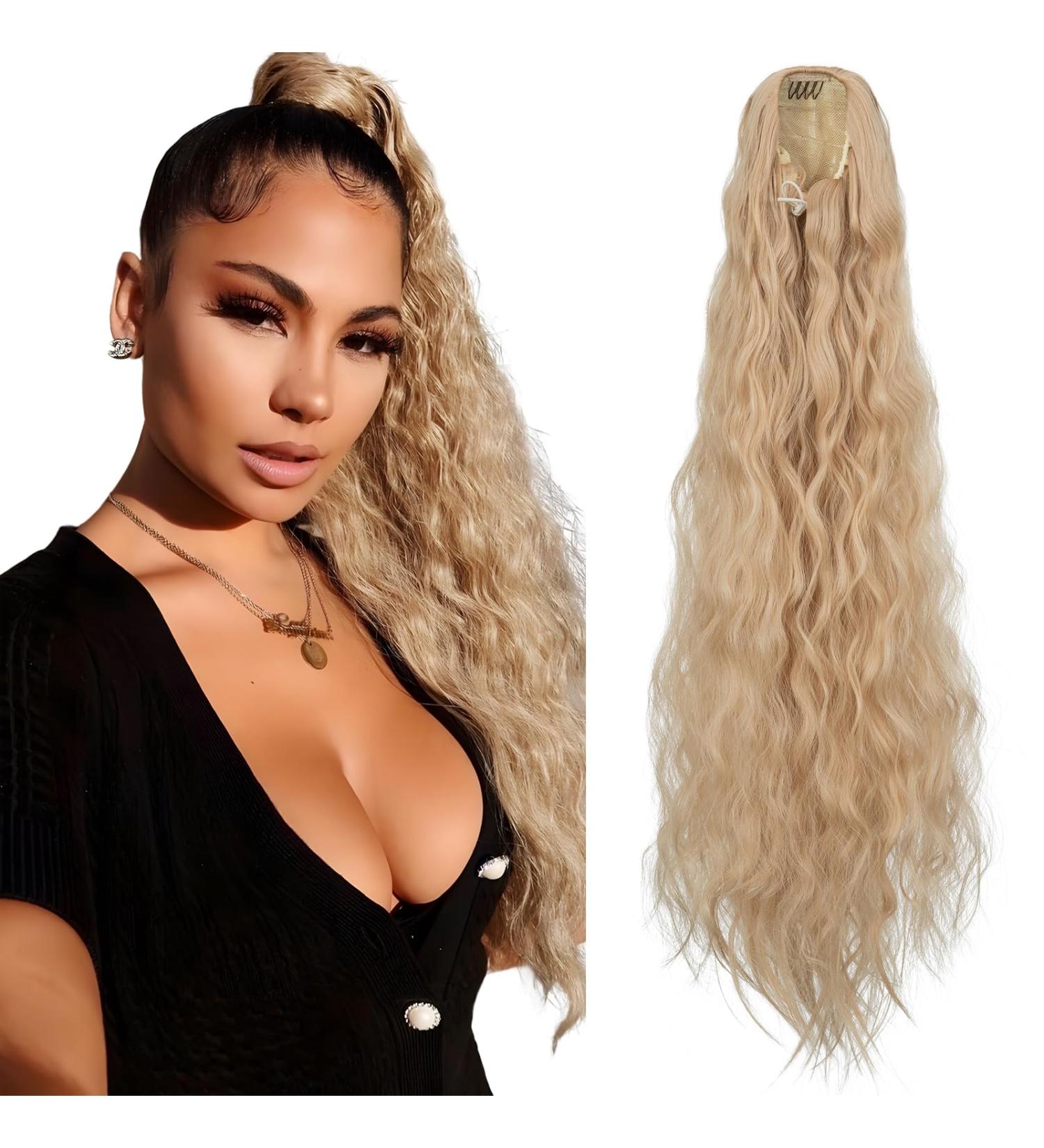 Ponytail Extension 32 Inch Drawstring Hairpiece for Women - Long Curly Corn Wavy Synthetic Ponytail with Brown mix Golden Blonde Highlights - Perfect for Daily Use & Parties - Buy Online on GoSupps.com