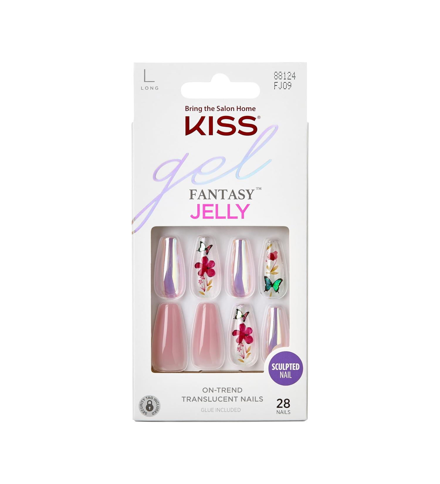 KISS Gel Fantasy Press On Nails - Jelly Cookie Pink Coffin Shape Long Size Includes Glue & Accessories - 28 Nails Set - Buy Online on GoSupps.com