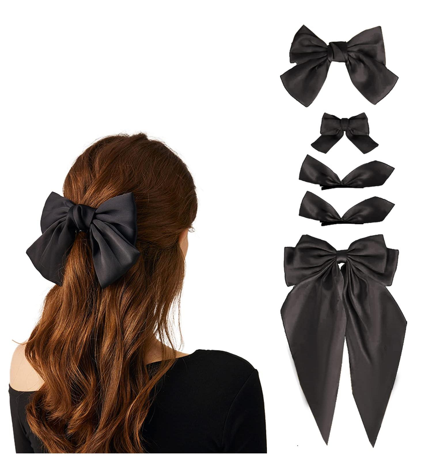 Black Hair Bow Set - 5 Oversized Satin Ribbon Hair Clips for Women and Girls | French Barrettes Hair Accessories Gift - Buy Online on GoSupps.com