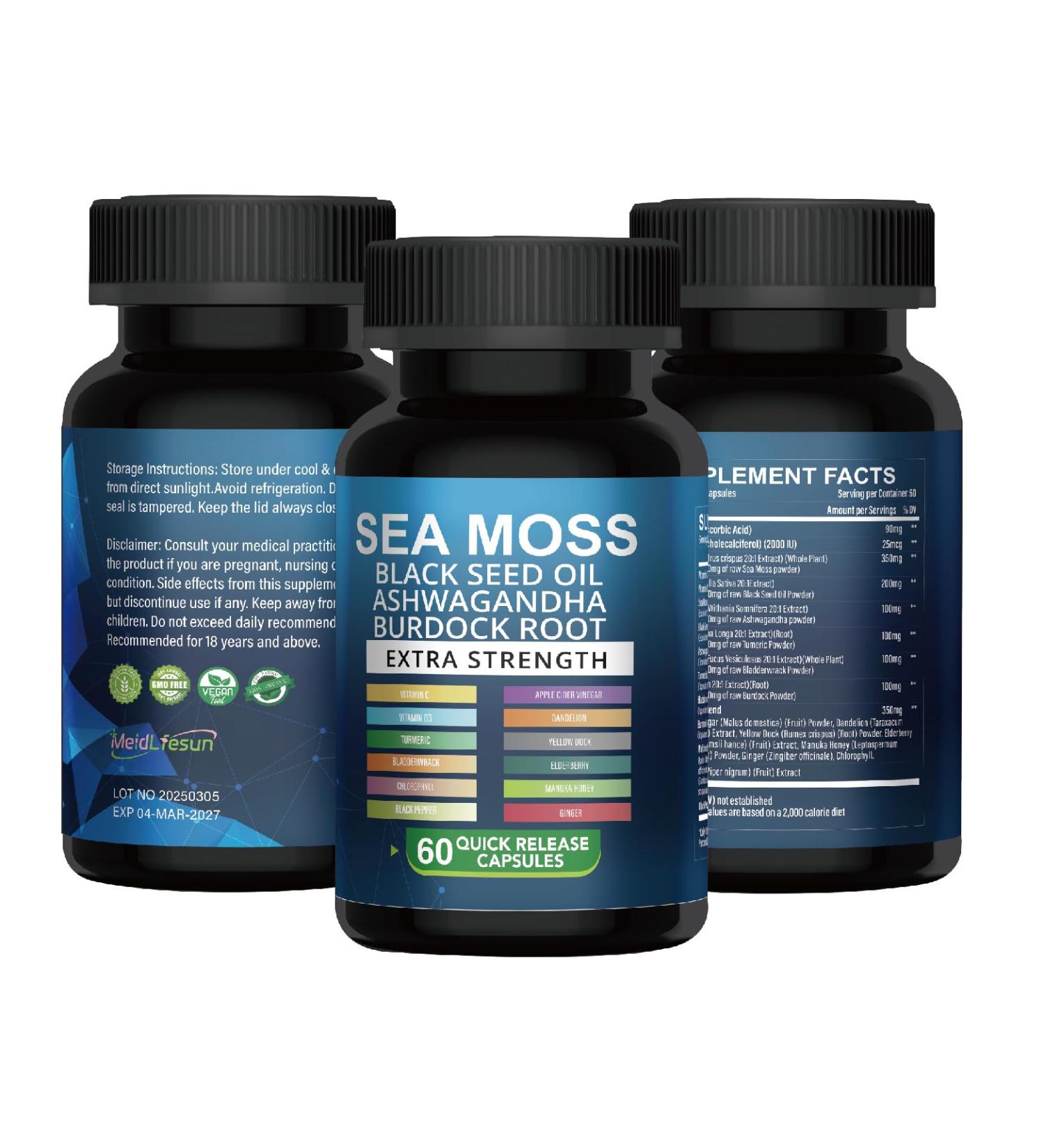 Meidlfesun Organic Sea Moss Capsules with Black Seed Oil & Ashwagandha | Immune Skin & Energy Support | 60 Vegan Capsules | Non-GMO Gluten-Free - Buy Online on GoSupps.com
