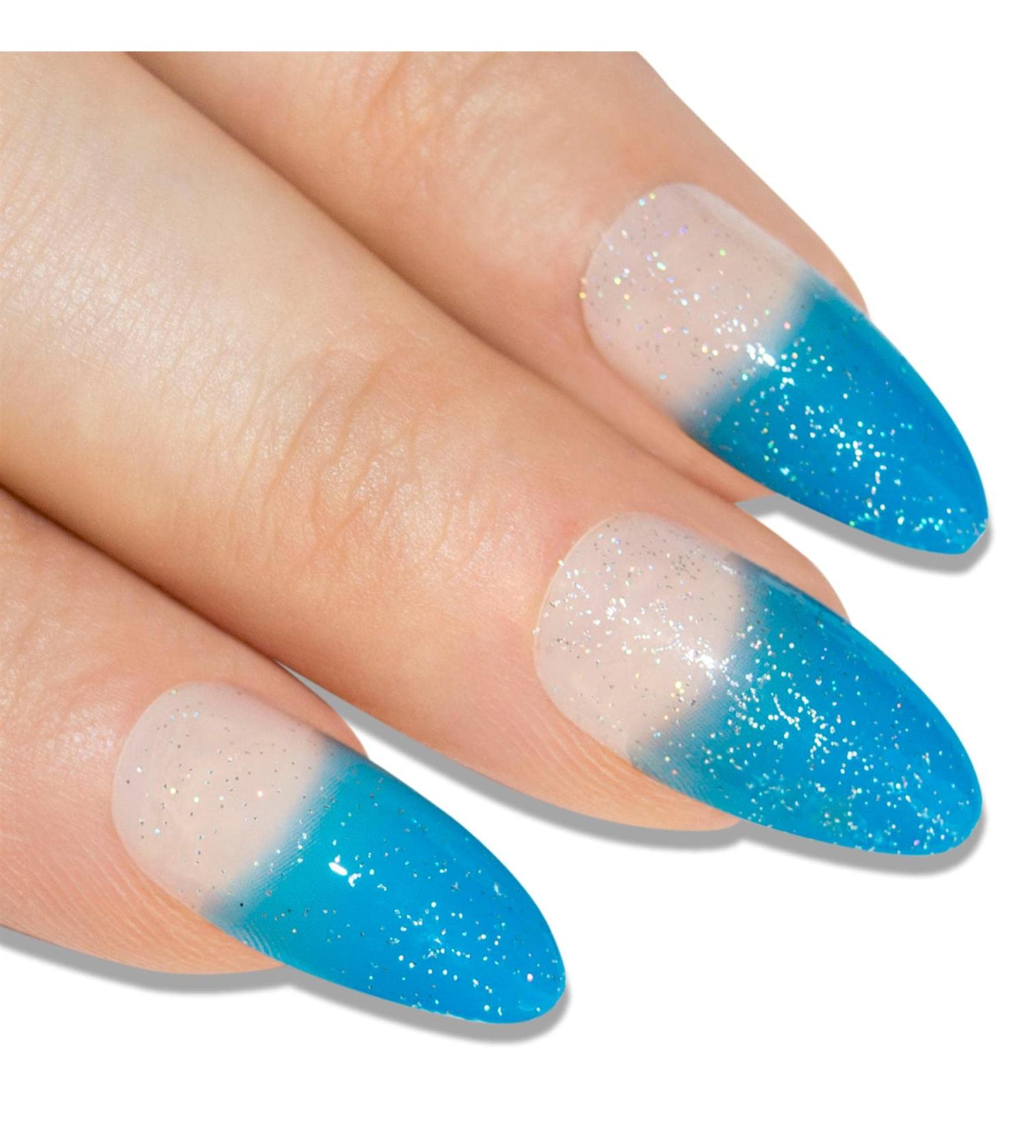 Buy Blue Gel Stiletto Almond False Nails - 24 Bling Art Artificial Long Tips with Glue | International Shipping - Buy Online on GoSupps.com