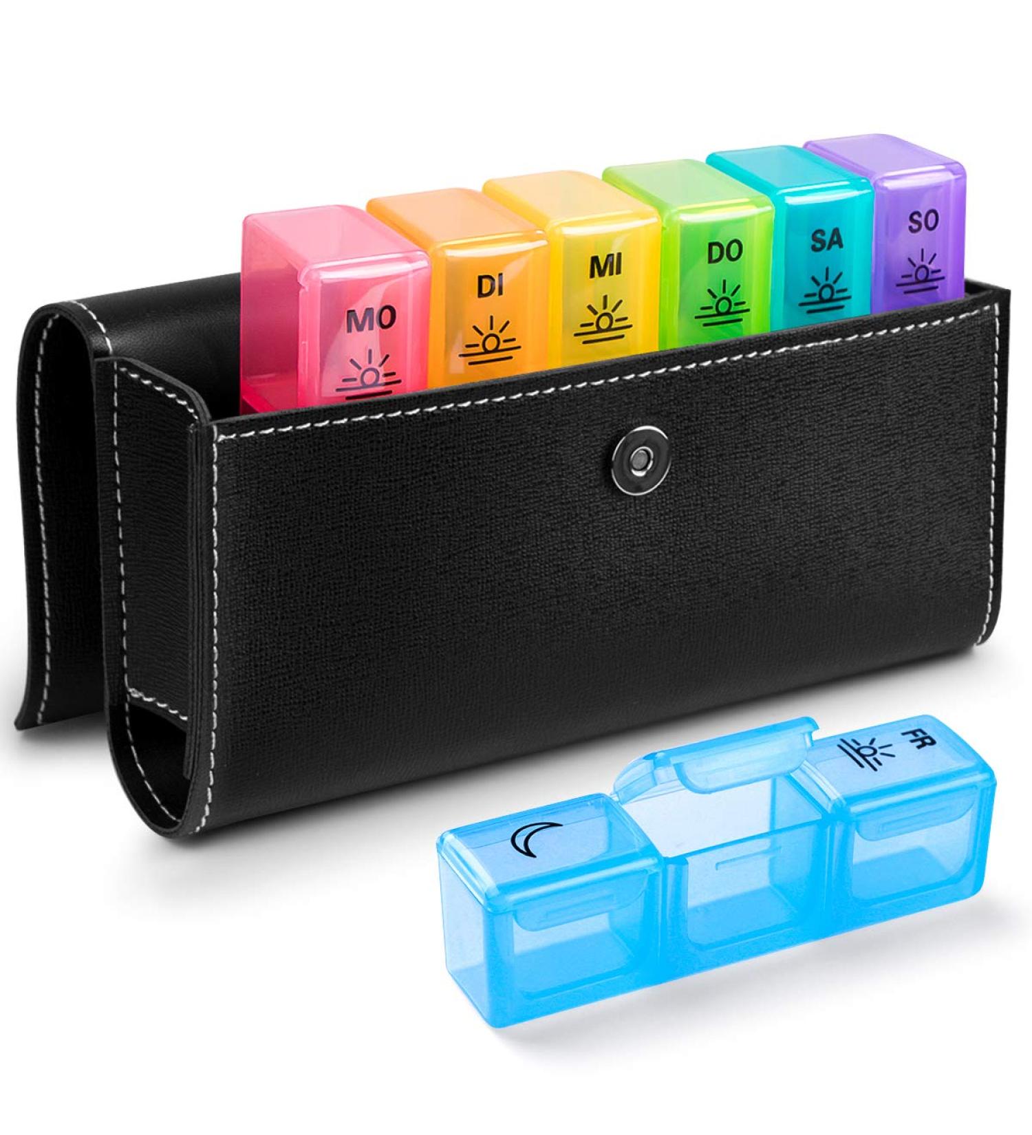 Tablet Box 7 Days - German Medication Organizer with PU Leather | Pill Dose Container for Morning & Evening Use - Buy Online on GoSupps.com