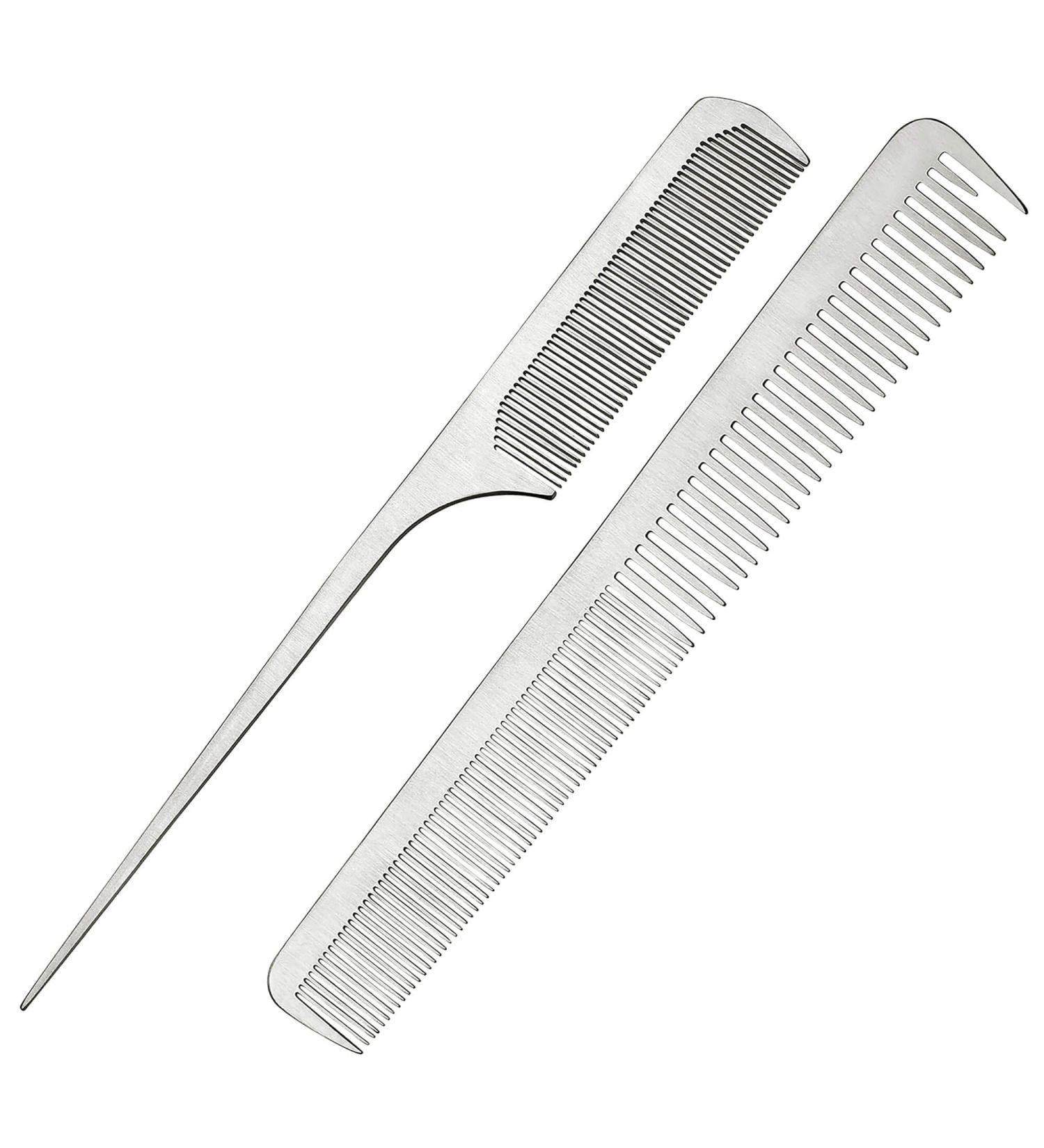 2Pcs Stainless Steel Rat Tail Hair Cutting Comb Set with Leather Bag - Salon Quality Barber Hairdressing Combs for Ultra-thin Styling - Buy Online on GoSupps.com