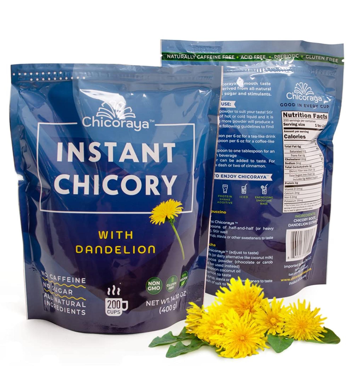 CHICORAYA Instant Chicory Coffee - Decaf & Diet Keto Vegan Blend - Caffeine-Free Substitute - Roasted Dandelion Root Powder - 14.1 oz - Buy Online on GoSupps.com