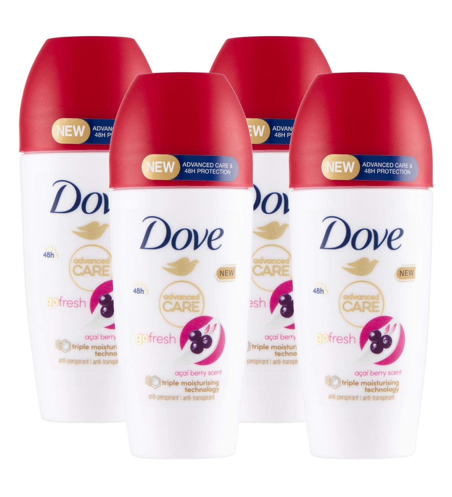 Dove Dove Go Fresh Roll-On Deodorant with Acai Berries 48-hour protection 0% alcohol and antiperspirant fresh scent 4 x 50ml bottles