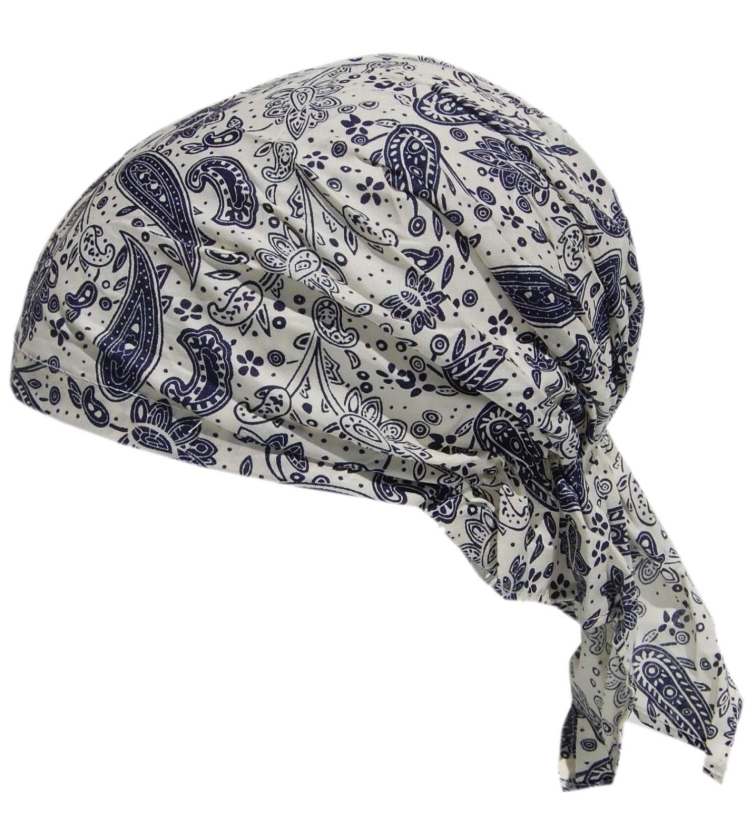 Cool4 Summer Headscarf Beach Bandana Sea Beanie Sun Sun Protection Hat Chemo Cap A04 Natural with Blue Paisley Pattern