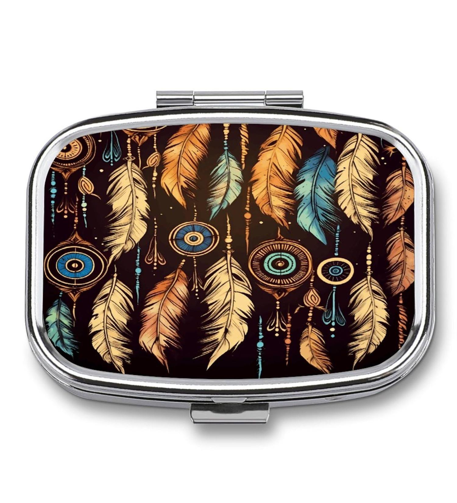 Vintage Ethnic Tribal Feather Print Pill Box - 2 Compartment Medicine Organizer | Portable Decorative Metal Pill Case for Pocket or Purse - Buy Online on GoSupps.com