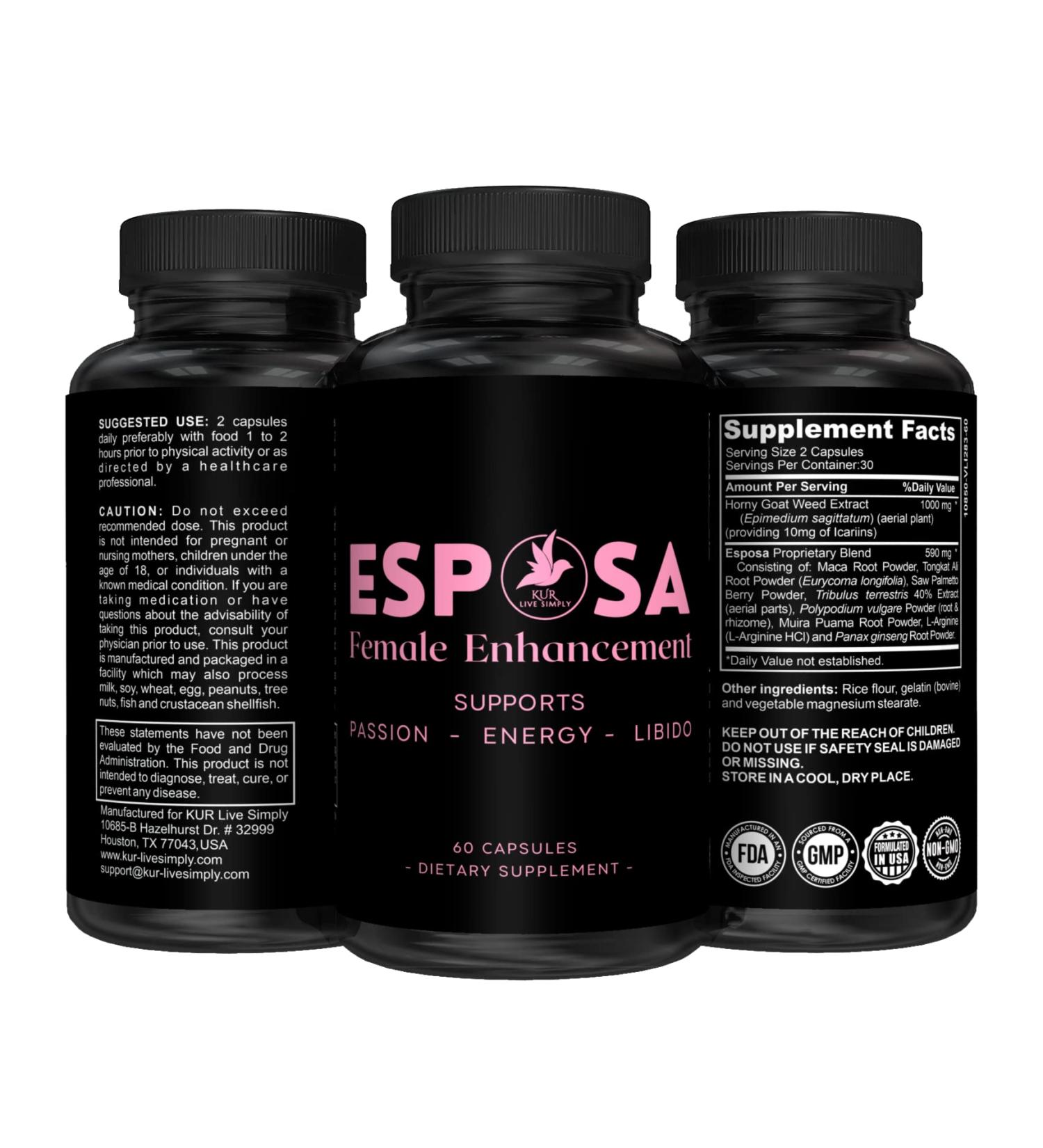 Esposa Female Libido Booster for Women  Reignite Passion  Increase Energy & Sensitivity  Boost Mood & Desire  Made in USA Natural Female Enhancement Pills with Horny Goat Weed  60 Capsules - Buy Online on GoSupps.com