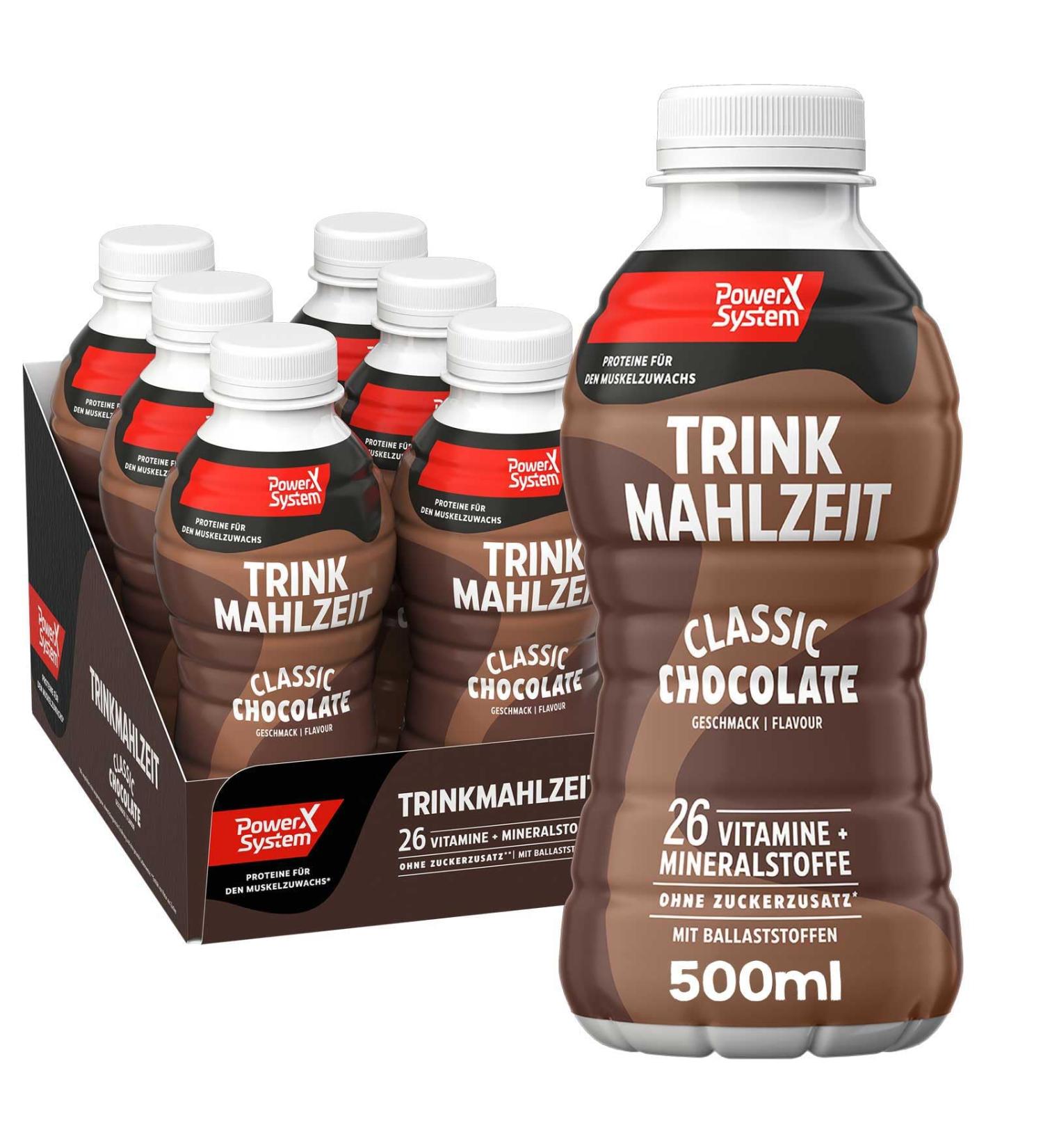 Buy Power System Drinking Meal Classic Chocolate 6 x 500ml | Delicious Meal Replacement | 33g Protein & 26 Vitamins + Minerals | 1.50 Pfand Included - International Shipping Available! - Buy Online on GoSupps.com