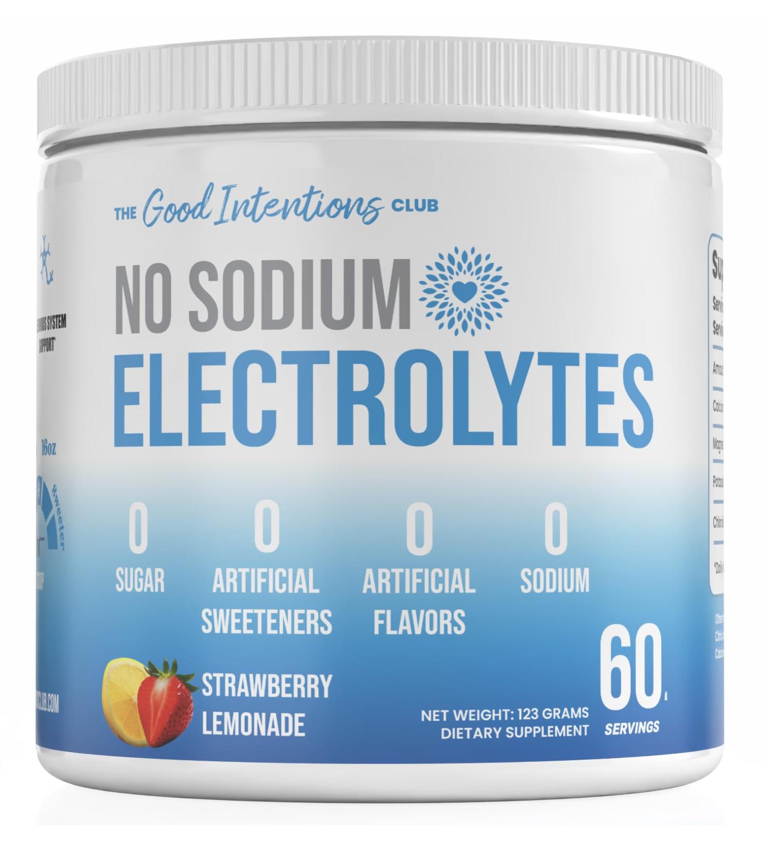 The Good Intentions Club Low Sodium Electrolytes - 60 Servings - Strawberry Lemonade - Sugar Free Electrolytes Powder - Electrolytes Without Sodium - Low Sodium Electrolyte Powder - Buy Online on GoSupps.com
