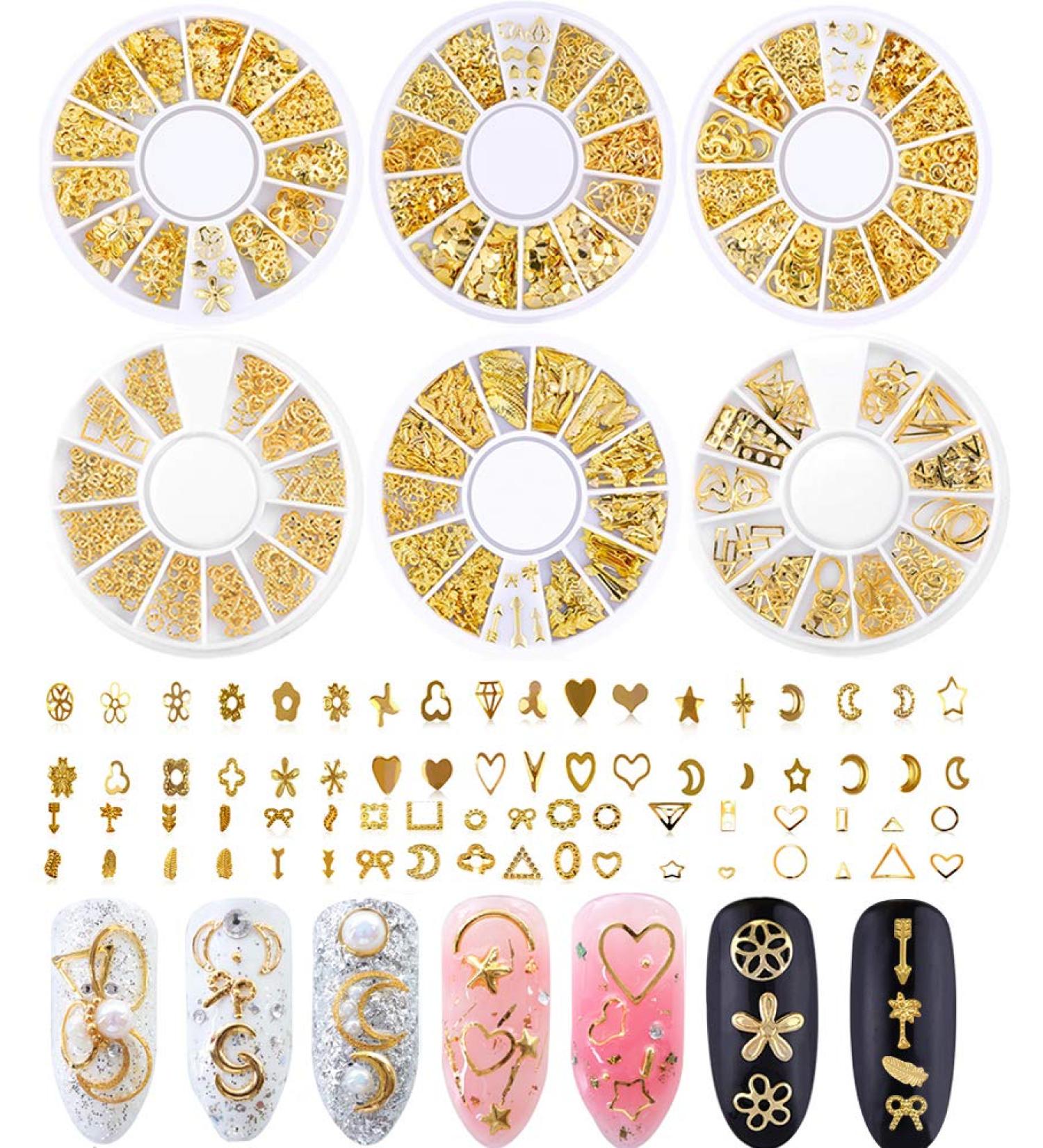 6 Boxes Gold Metal Nail Studs Charms Accessories for Women - 3D Punk Star Moon Heart Triangle Square Rivet Gems Nail Art Jewels Decal - Fingernails & Toenails Decorations - Buy Online on GoSupps.com