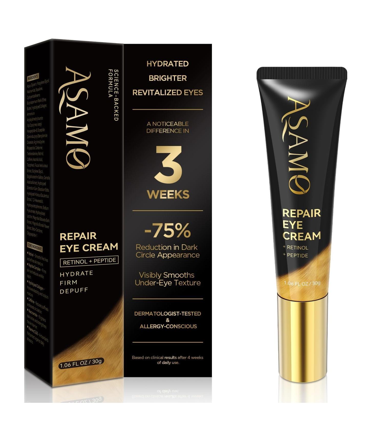 ASAMO Retinol Eye Cream Retinol and Peptides for Fine Lines Puffiness and Under-Eye Shadows Anti Aging Eye Care Daily Wrinkle Cream 1.06 fl.oz Noir Gilded - Buy Online on GoSupps.com