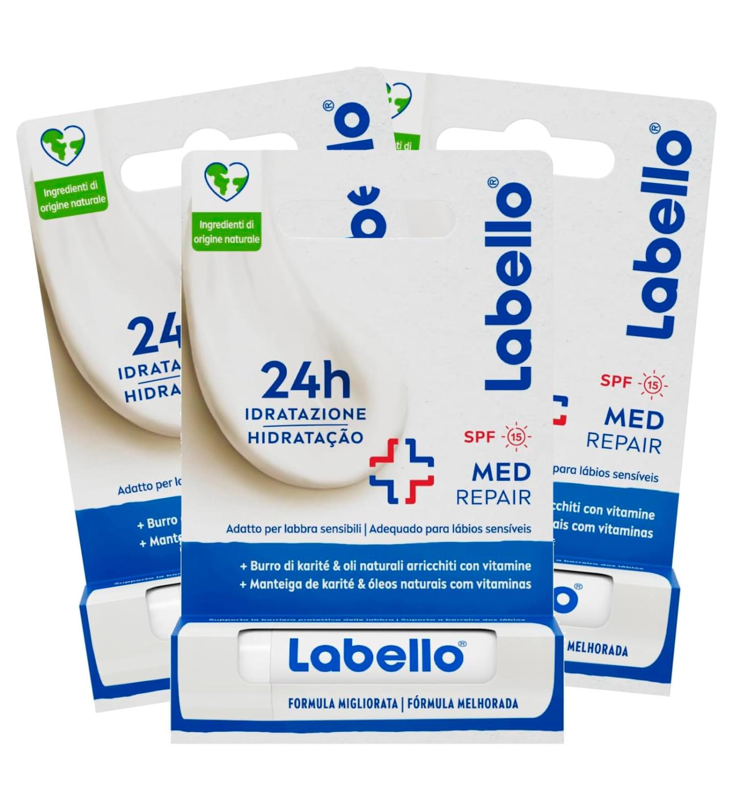  Labello Labello Med Repair Burrocacao Moisturizing and Fondant Lip Balm with Sun Protection SPF 15 Vitamin E and Natural Oils - 3 Sticks - Buy Online on GoSupps.com