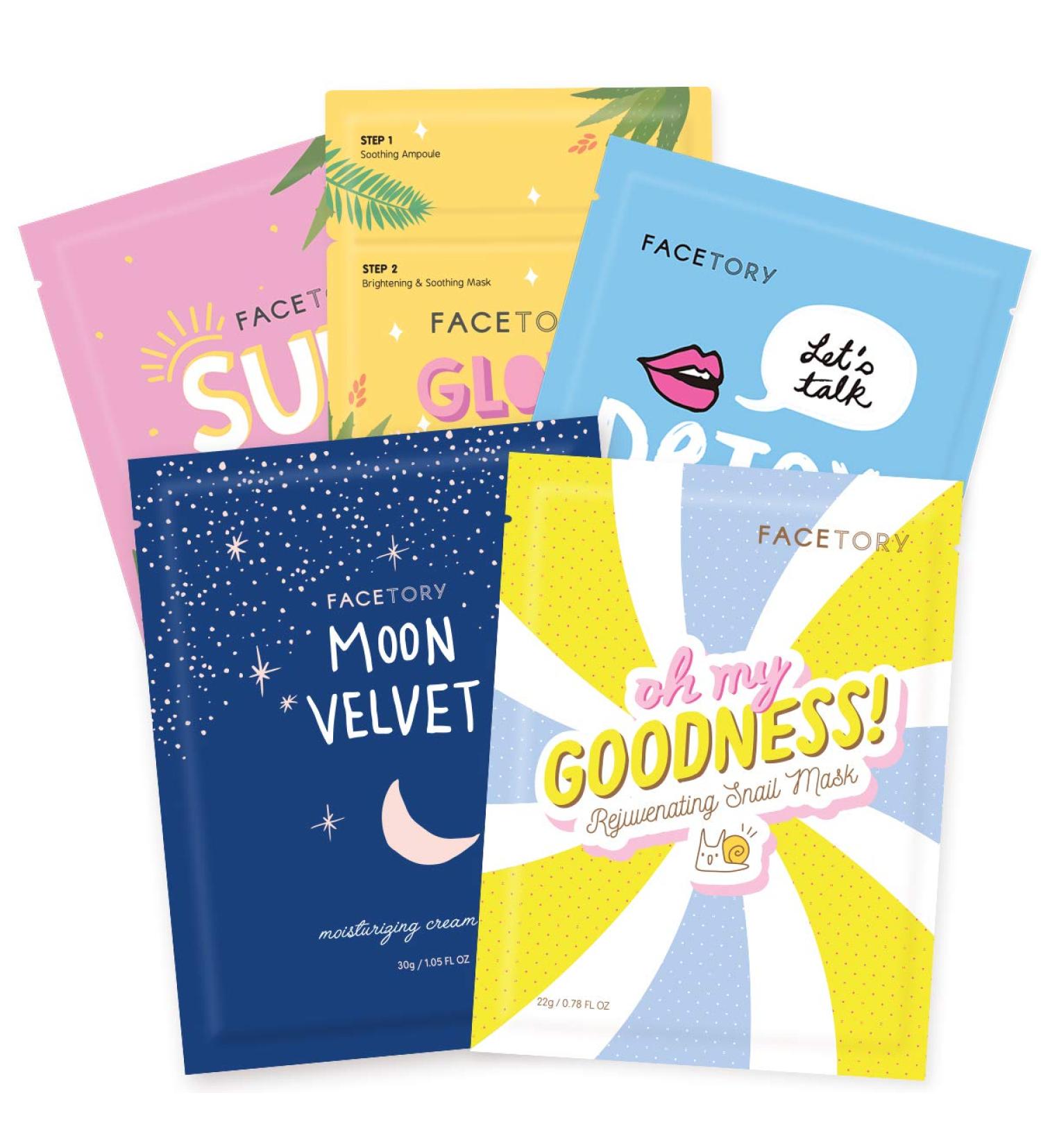 FACETORY Collection Facial Mask Set - Hydrating, Purifying, Soothing, Moisturizing, Revitalizing - Pack of 5 Form-Fitting Sheet Masks - For All Skin Types - Buy Online on GoSupps.com