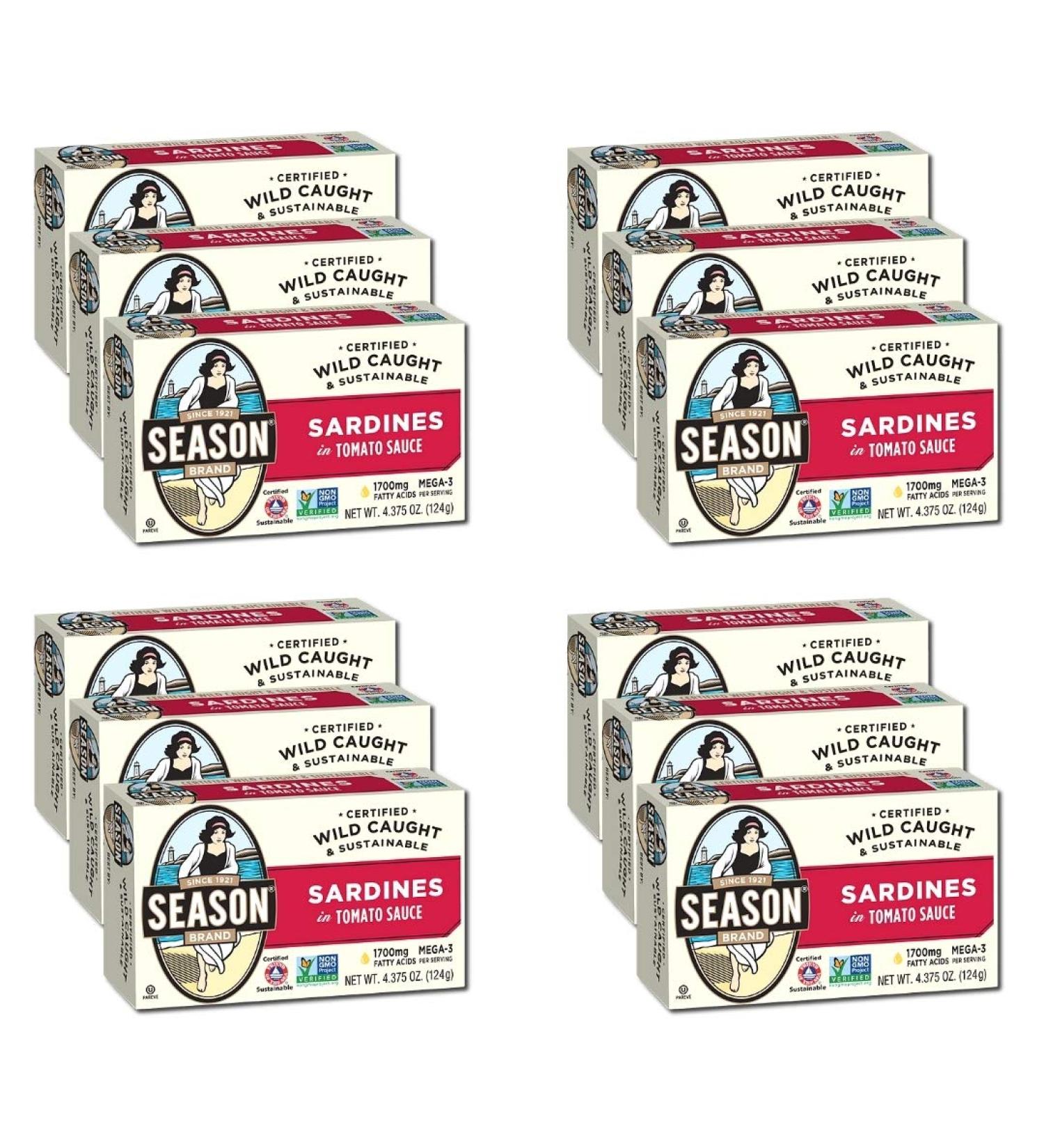 Season Sardines in Tomato Sauce - 4.375 oz Tins (Pack of 12) - Premium Quality Seafood - Buy Online on GoSupps.com
