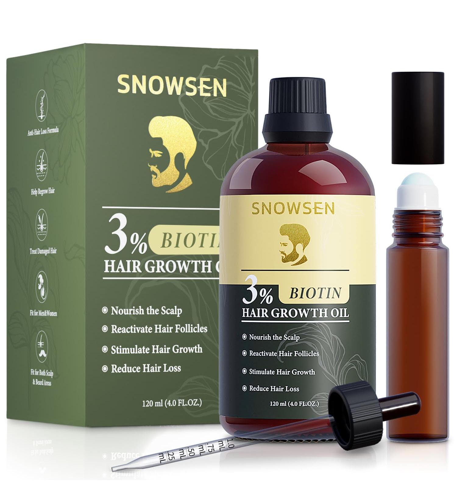 SNOWSEN Hair Growth Oil with Biotin Effective Hair Loss Treatment Thicken and Strengthen for Hair Regrowth Biotin Beard Growth Oil Comes with a Essential Oil Roller Bottle for Women Men - Buy Online on GoSupps.com