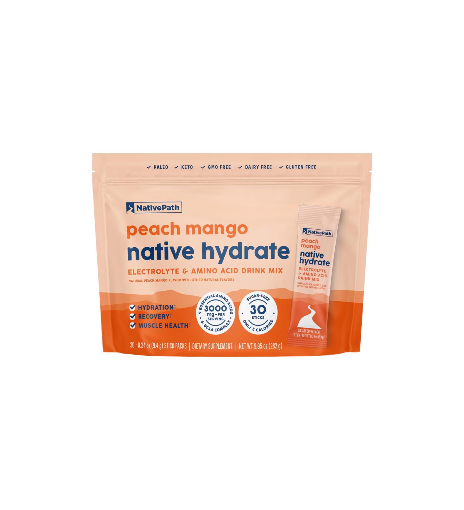NativePath Native Hydrate Stick Packs Sugar Free Electrolytes Powder with BCAAs Peach Mango Hydration Keto & Paleo Friendly 30 Servings - Buy Online on GoSupps.com