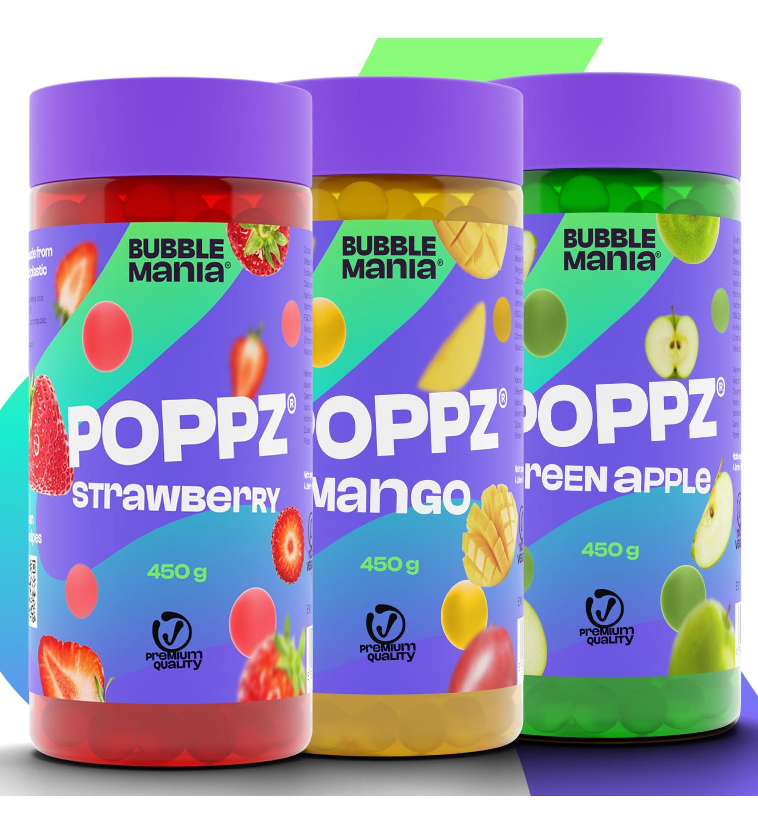 Bubble Mania Bubble Tea Pearls - 100% Vegan & Gluten-Free Popping Boba Tapioca Fruit Beads & Boba Pearls (Pack of 3: Strawberry Mango Green Apple) - International Shipping Available! - Buy Online on GoSupps.com