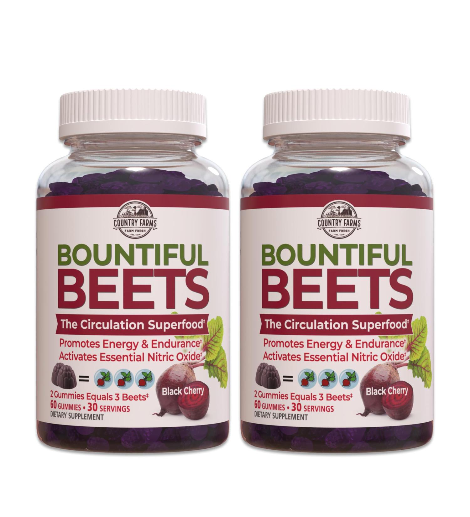 Country Farms Bountiful Beets Gummies - Nitric Oxide Booster for Energy & Endurance - 2 Pack Black Cherry - 60 Servings Each - Superfood for Circulation - Buy Online on GoSupps.com