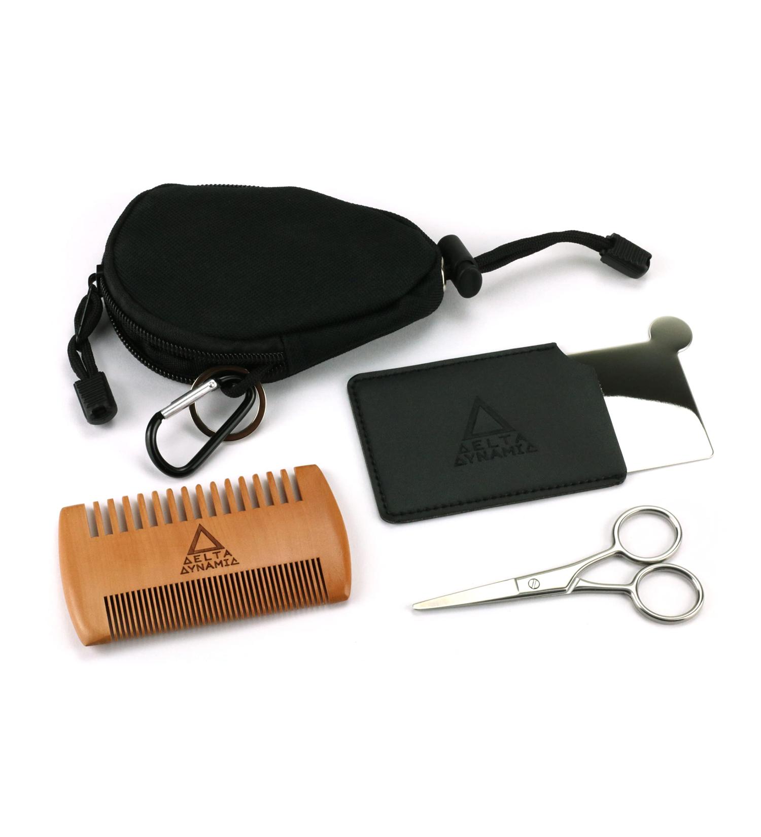 Compact Beard Grooming Kit - Travel Beard Care Set with Comb Scissors & Stainless Steel Mirror in a Pocket-Sized Nylon Zip Pouch. UK-Made. - Buy Online on GoSupps.com