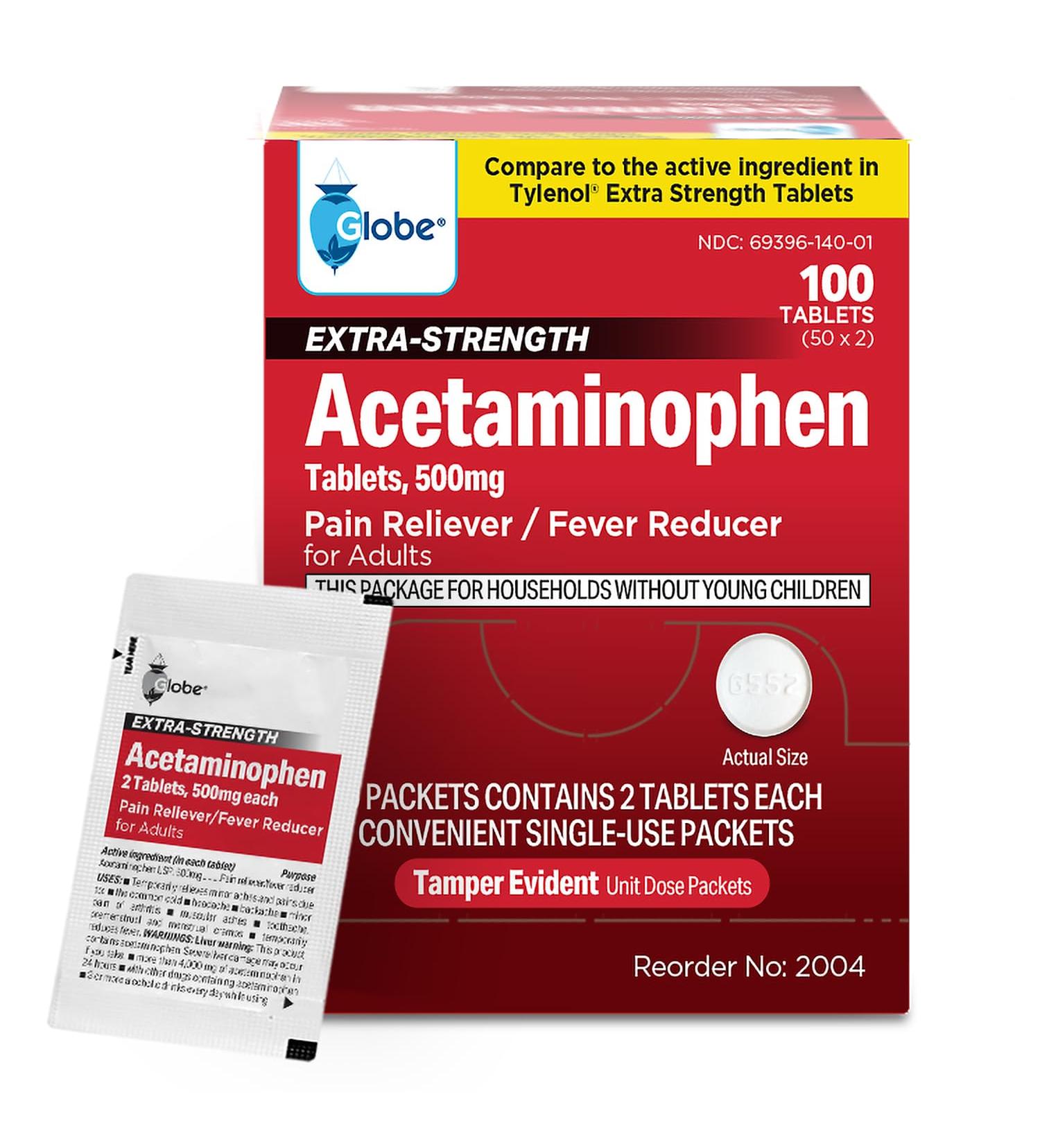 Globe Extra Strength Acetaminophen Tablets 500 mg Pain Reliever and Fever Reducer Gentle on Stomach for Arthritis Pain Backache Pain and More 50 Packets of 2 Tablets Each 100 Count - Buy Online on GoSupps.com