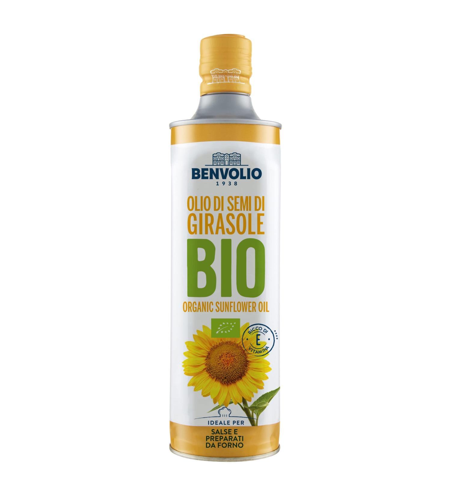 Buy Organic Sunflower Oil Bio - Benvolio 1938 (750ml) | Rich in Vitamin E - Ideal for Frying & Cooking | Premium Quality Metal Bottle - Buy Online on GoSupps.com