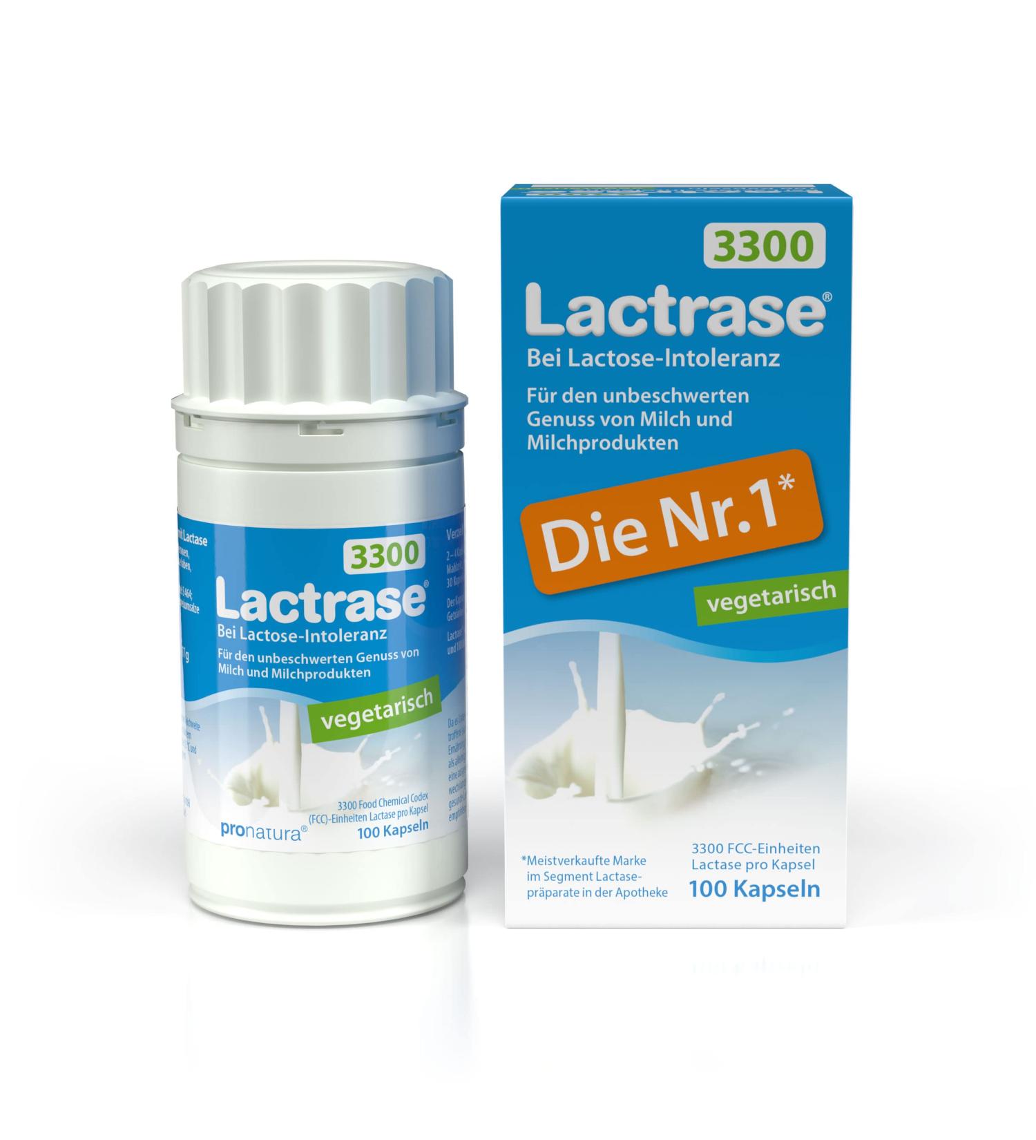  Lactrase pro natura Lactrase 3300 vegetarian 100 lactase capsules for lactose intolerance for worry-free consumption of milk and dairy products - Buy Online on GoSupps.com