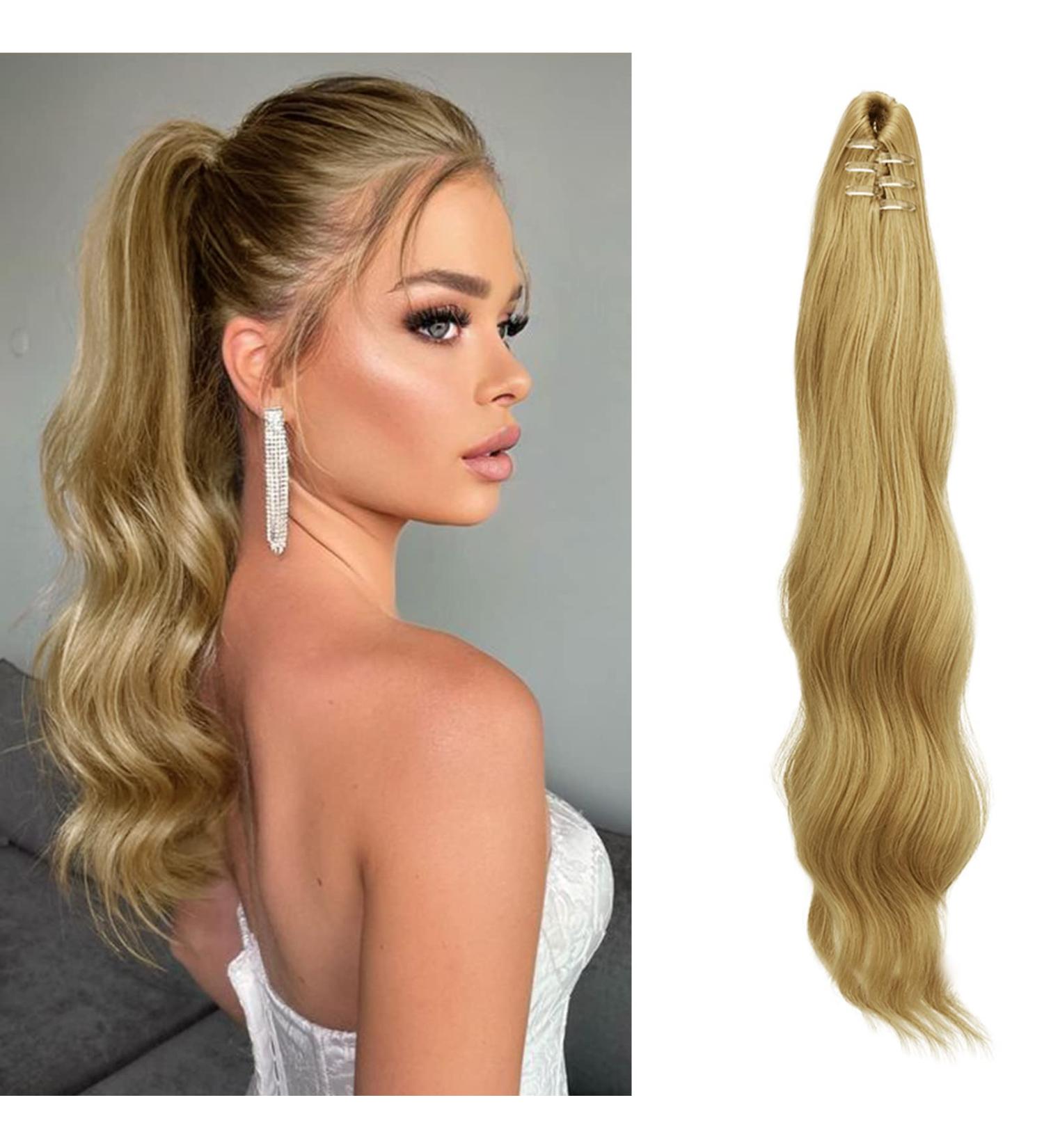 Fine Ponytail Extensions Clamp - 50 cm Wavy Light Honeyblond Hair Extensions for Women - Clip-In Braids - Buy Online on GoSupps.com