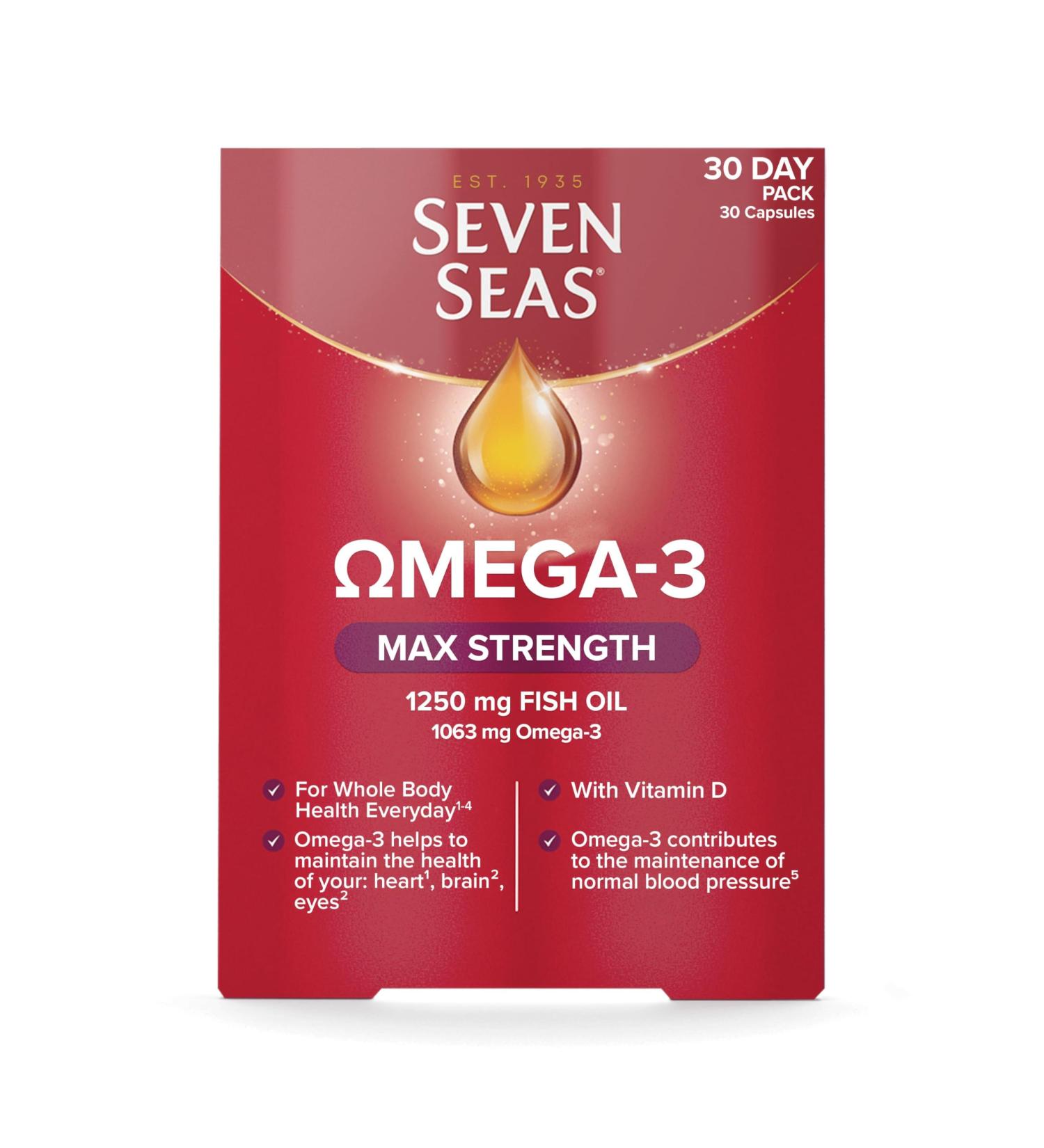 Seven Seas Max Strength Omega-3 Fish Oil with Vitamin D 30 Capsules for Whole Body Health - Buy Online on GoSupps.com