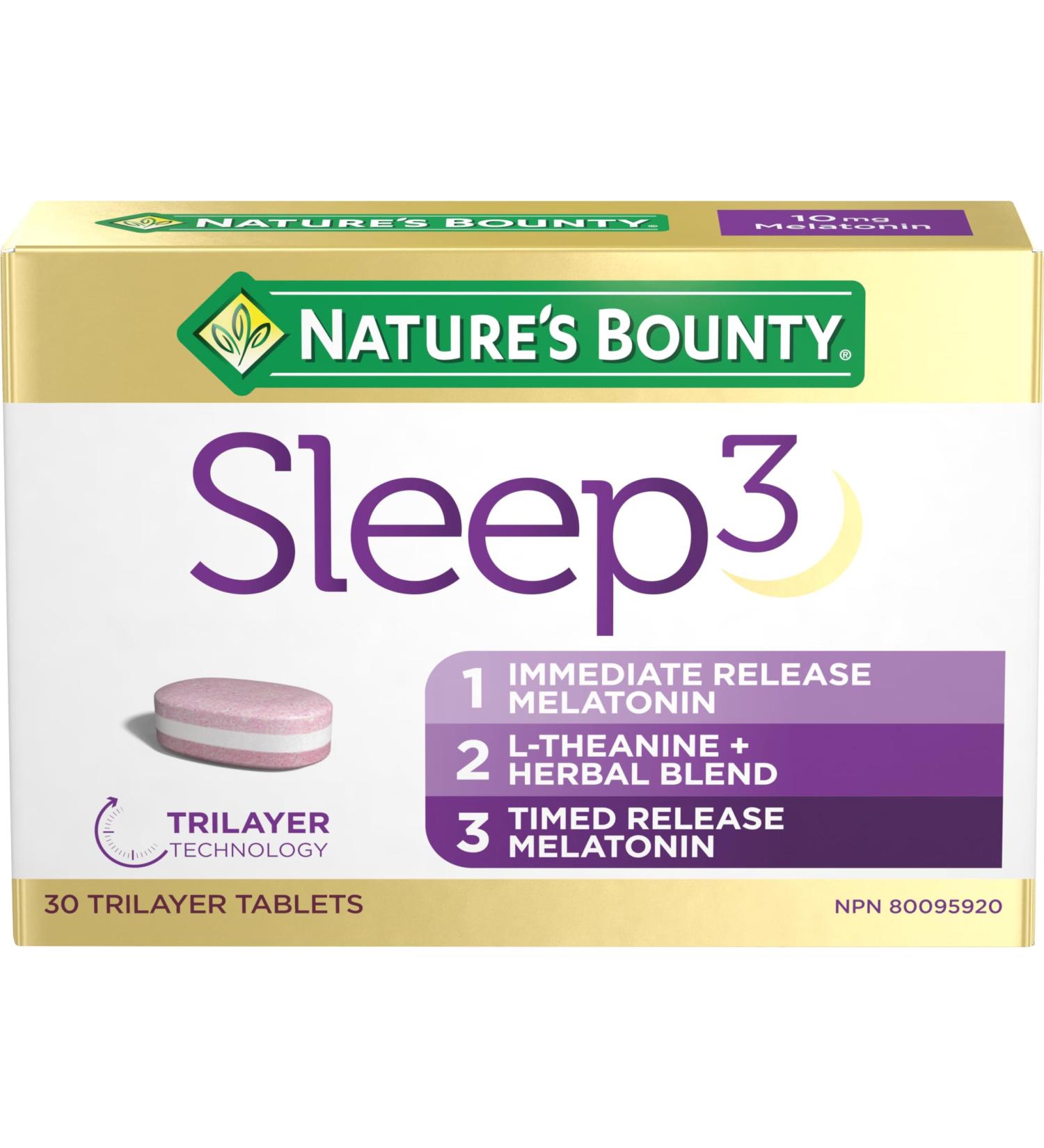 Nature's Bounty Sleep3 Immediate and Timed Relase Melatonin L-Theanine and Herbal Blend Helps Temporarily Promote Relaxation and to Reset Sleep-Wake Cycle 30 Trilayer Tablets - Buy Online on GoSupps.com