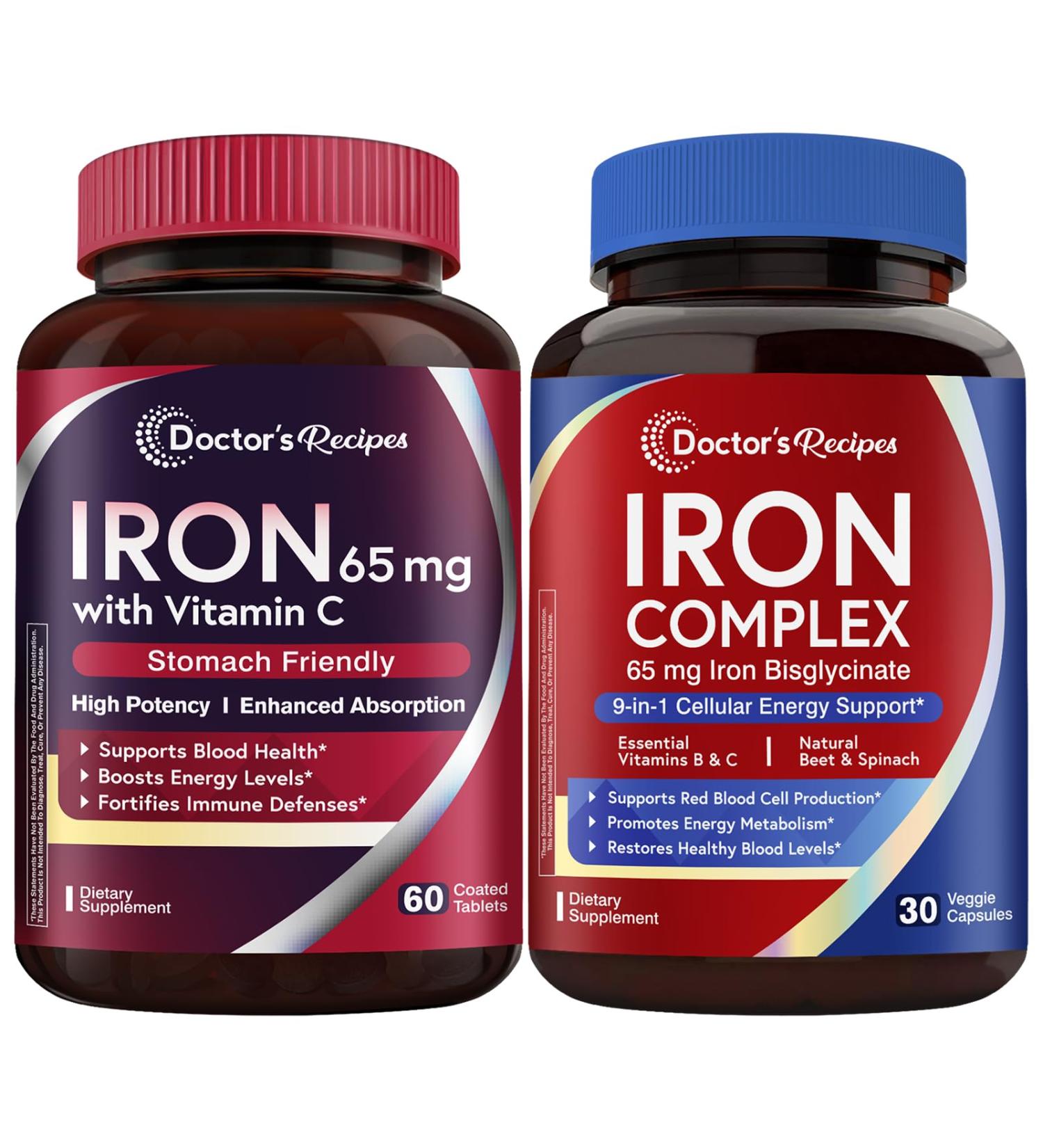 Doctor's Recipes Iron 65 mg & Iron Complex Bundle Energy Production & Blood Health Stomach Friendly Iron Tablets 60 ct & Iron Capsules 30 ct - Buy Online on GoSupps.com