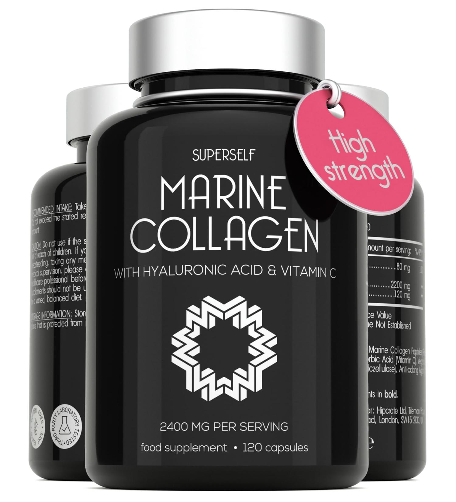Marine Collagen Capsules 2200mg - with Hyaluronic Acid & Vitamin C - High Strength Complex for Skin Hair Support - Premium Type 1 Peptides - Collagen Supplements for Women & Men - 120 Capsules 120 count (Pack of 1) - Buy Online on GoSupps.com