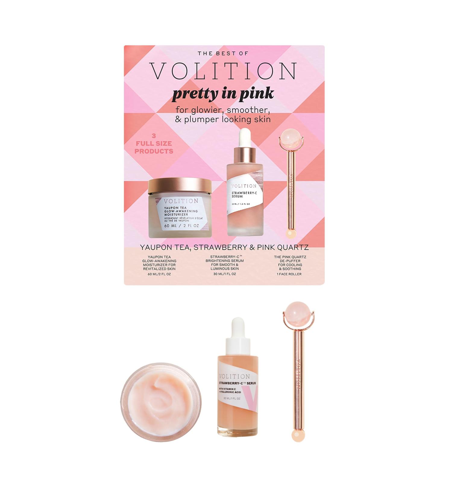 Volition Beauty Pretty in Pink Kit | Yaupon Tea Glow-Awakening Moisturizer Strawberry-C Serum & Pink Quartz De-Puffer - Brightens De-Puffs & Soothes - Buy Online on GoSupps.com