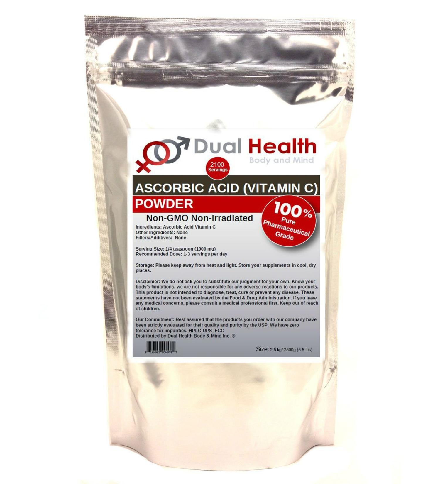 Ascorbic Acid (2.5kg - 5.5 lbs) Pure Vitamin C Powder High Potency Food Grade Cell and Immune Support Non-GMO Soluble Fine Crystals Antioxidant Bulk Supplements Skin Hair Bones Teeth Nails