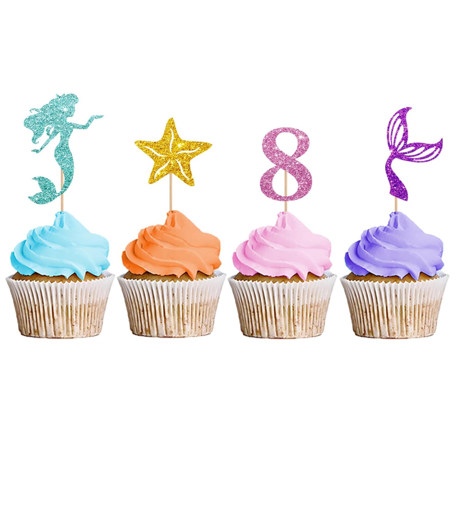 Mermaid Eight Cupcake Toppers Under The Sea Themed Eight Year Old Cupcake Toppers Mermaid Happy 8th Birthday Dessert Picks Little Mermaid 8th Anniversary Party Decoration - Pink Glitter - Buy Online on GoSupps.com
