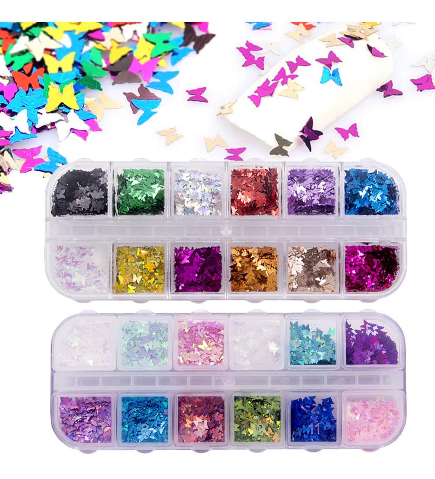 24 Color 3D Butterfly Nail Glitter Sequins - Kalolary Laser Flake Acrylic Manicure Paillettes - Nail Art Decoration and Makeup Glitters - Buy Online on GoSupps.com