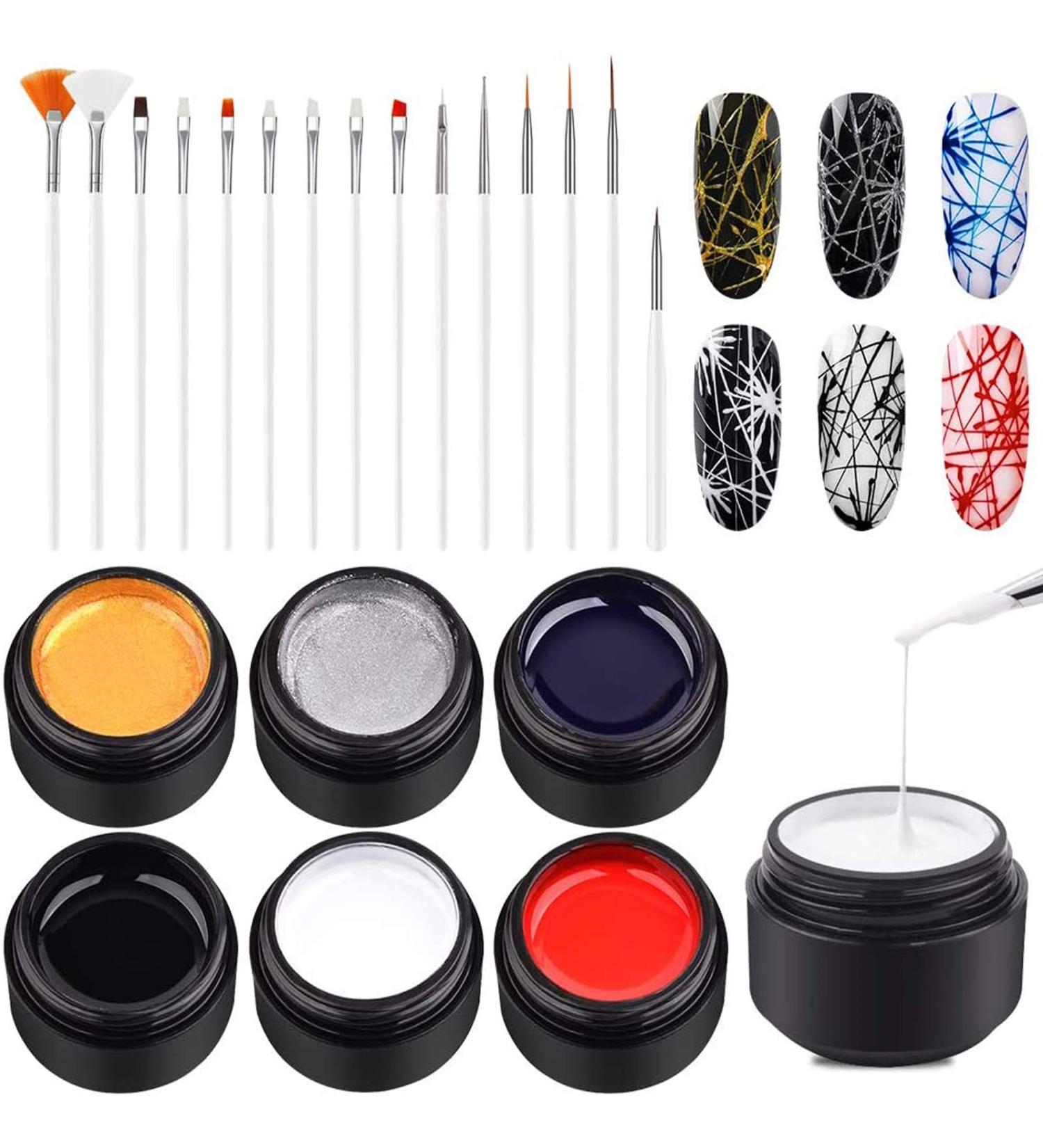 Ownest Spider Gel Matrix Nail Art Kit - 6 Colors Design Gel with Wire Drawing Gel Paint - Soak Off UV LED Manicure Set with 15 Brushes - Buy Online on GoSupps.com
