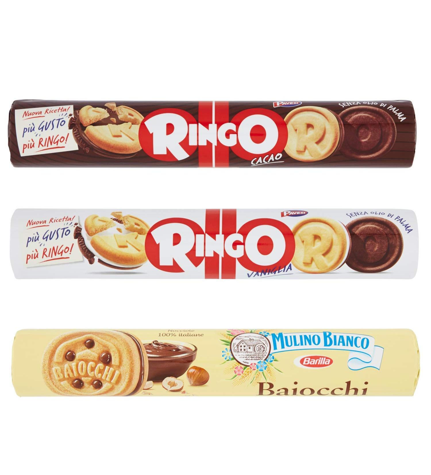 Test pack Mulino Bianco Baiocchi Pavesi Ringo Cacao e Vaniglia Tubo Biscuits Cookies 3 pieces Italian snacks