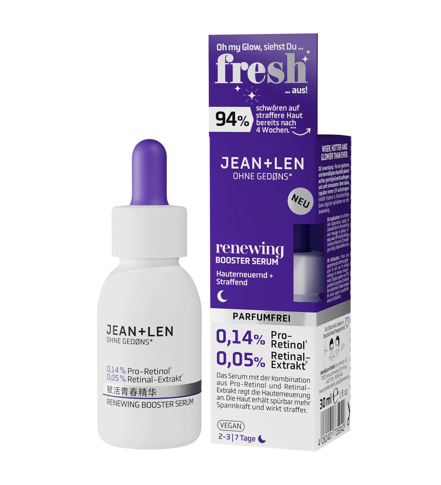 Jean & Len Renewing Booster Serum id al pour tous les types de peau augmente l' lasticit & la tonicit de la peau avec du pro-r tinol* et de l'extrait de r tinal** sans parfum v g talien 30 ml - Buy Online on GoSupps.com
