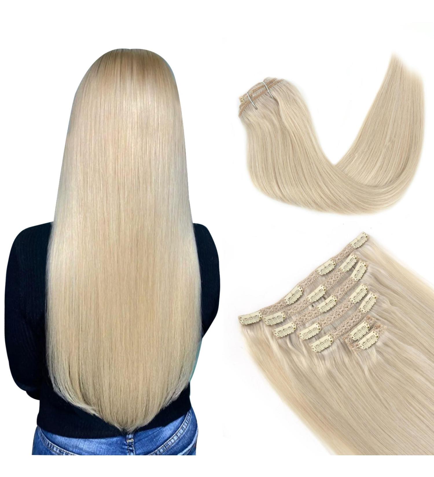 Vlasy Clip in Hair Extensions Human Hair 14 Inch Light Grey# - 7 Piece Seamless Thick Weft Real Hair Clips for Women -70g - Buy Online on GoSupps.com