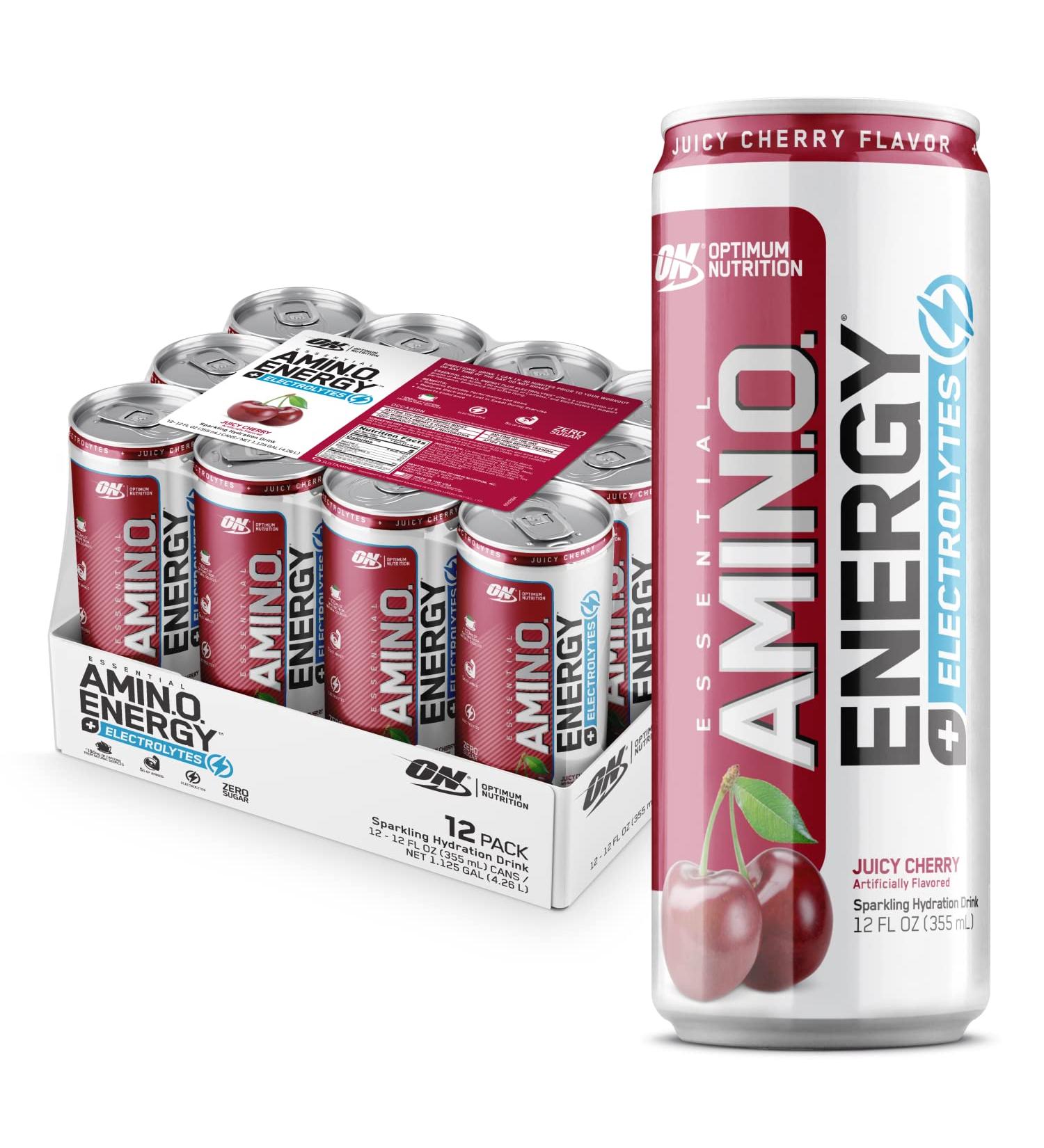 Optimum Nutrition Amino Energy Drink + Electrolytes - Sugar Free, BCAA, Keto Friendly, Sparkling Juicy Cherry Flavor - Pack of 12, 12 Fl Oz Each - Buy Online on GoSupps.com