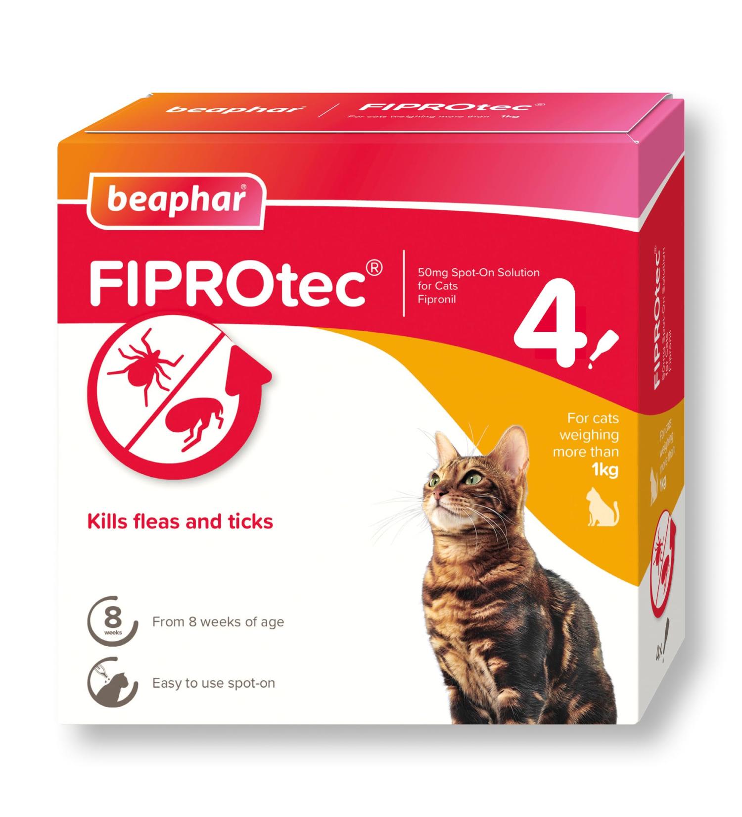 Beaphar FIPROtec Spot-On for Cats & Kittens from 8 Weeks | Kills Fleas & Ticks | Vet Strength Treatment | Easy to Apply | 4 Pipettes - Buy Online on GoSupps.com